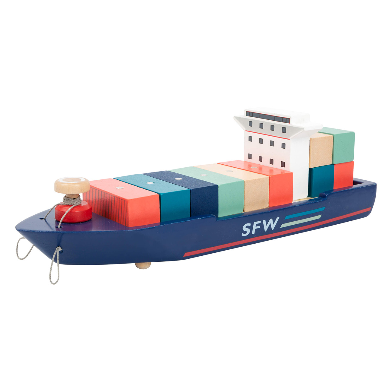 Ein hölzernes Spielzeug-Frachtschiff mit bunten Containern und blauem Rumpf.