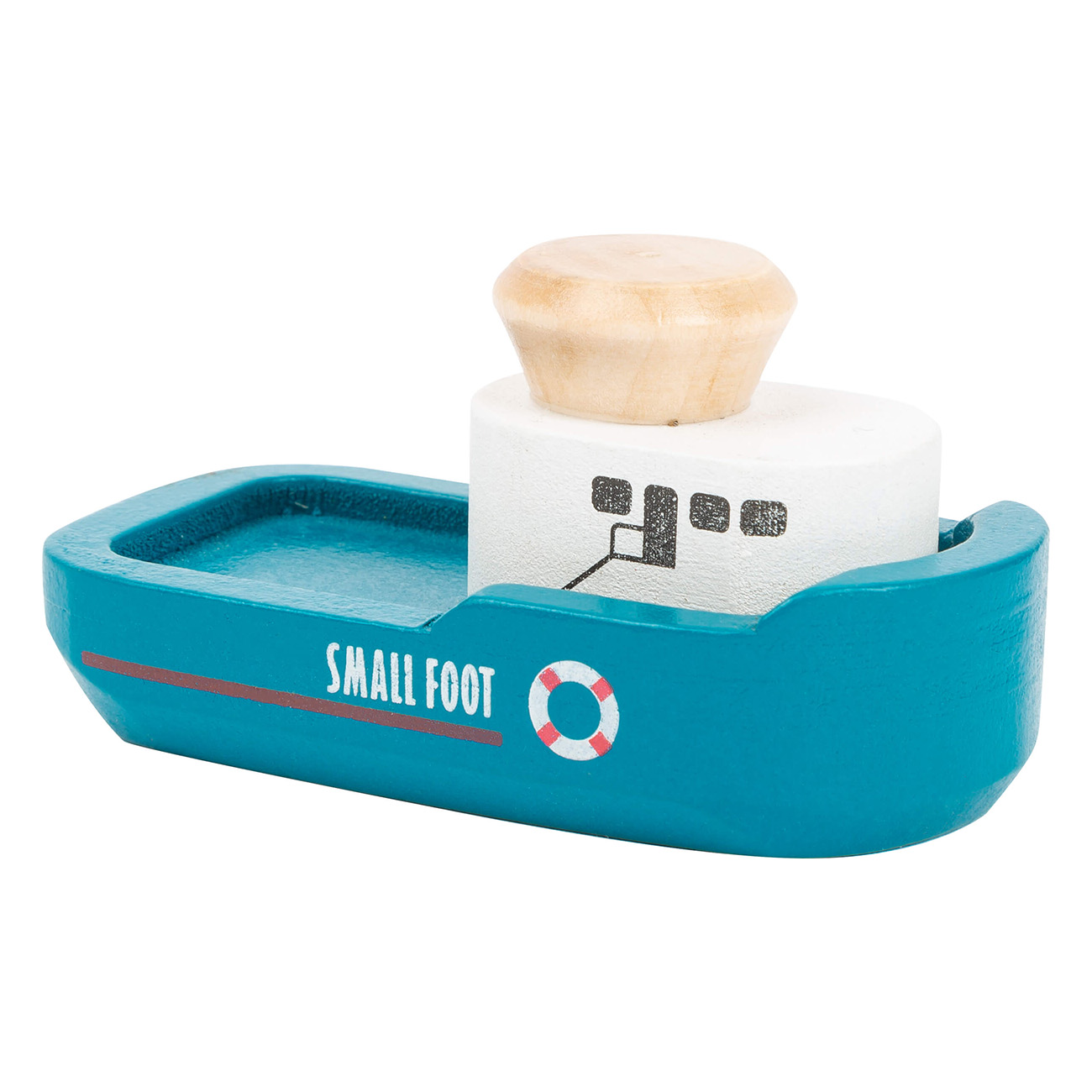 Ein kleines blau-weißes Holzspielzeugboot.