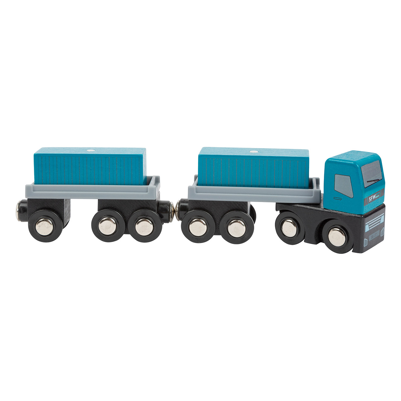 Ein hölzerner Spielzeugzug mit zwei blauen Containerwagen und einem blauen Motorwagen.