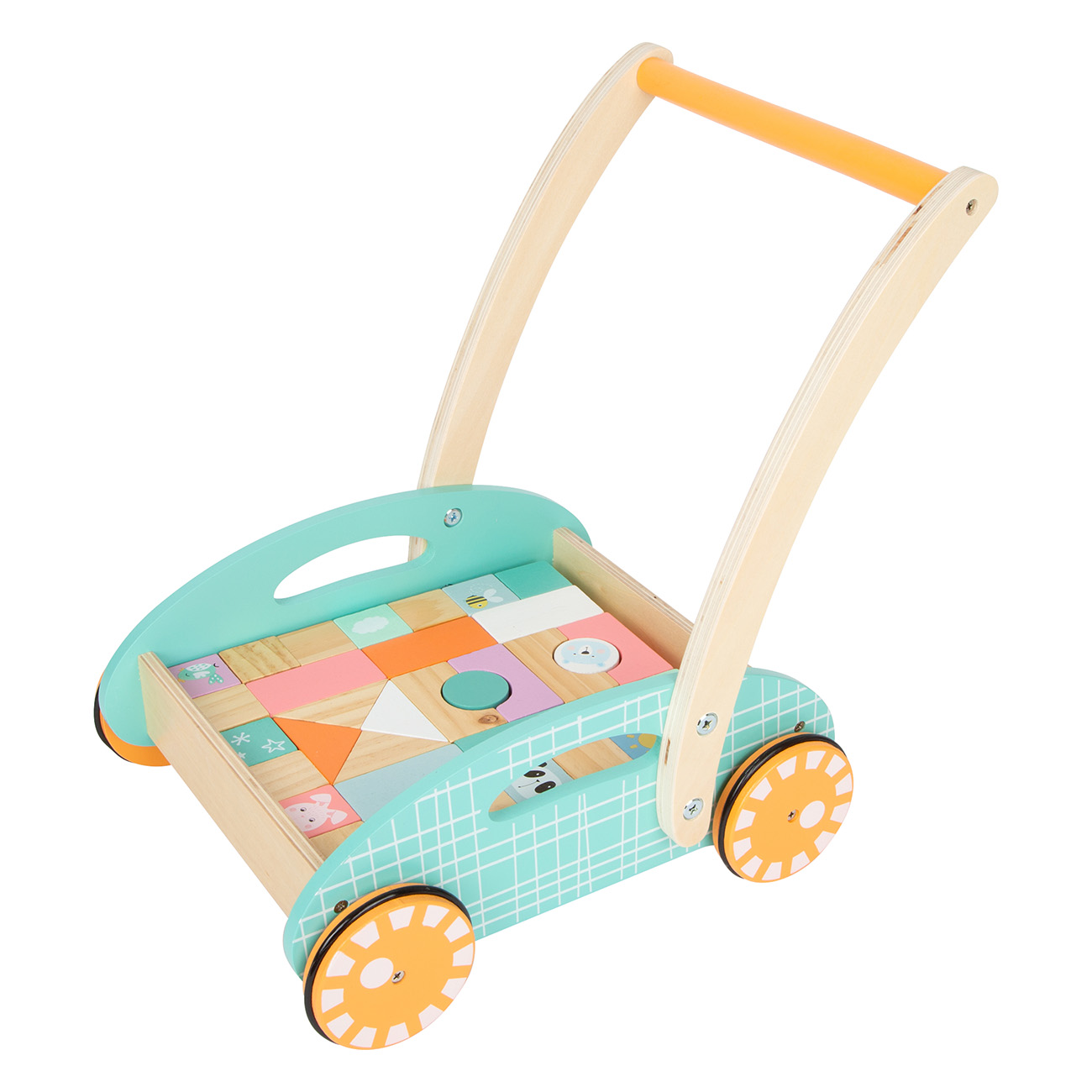 Baby-Lauflernwagen aus Holz. Türkis und orange Akzente. Blöcke innen. Räder unten.