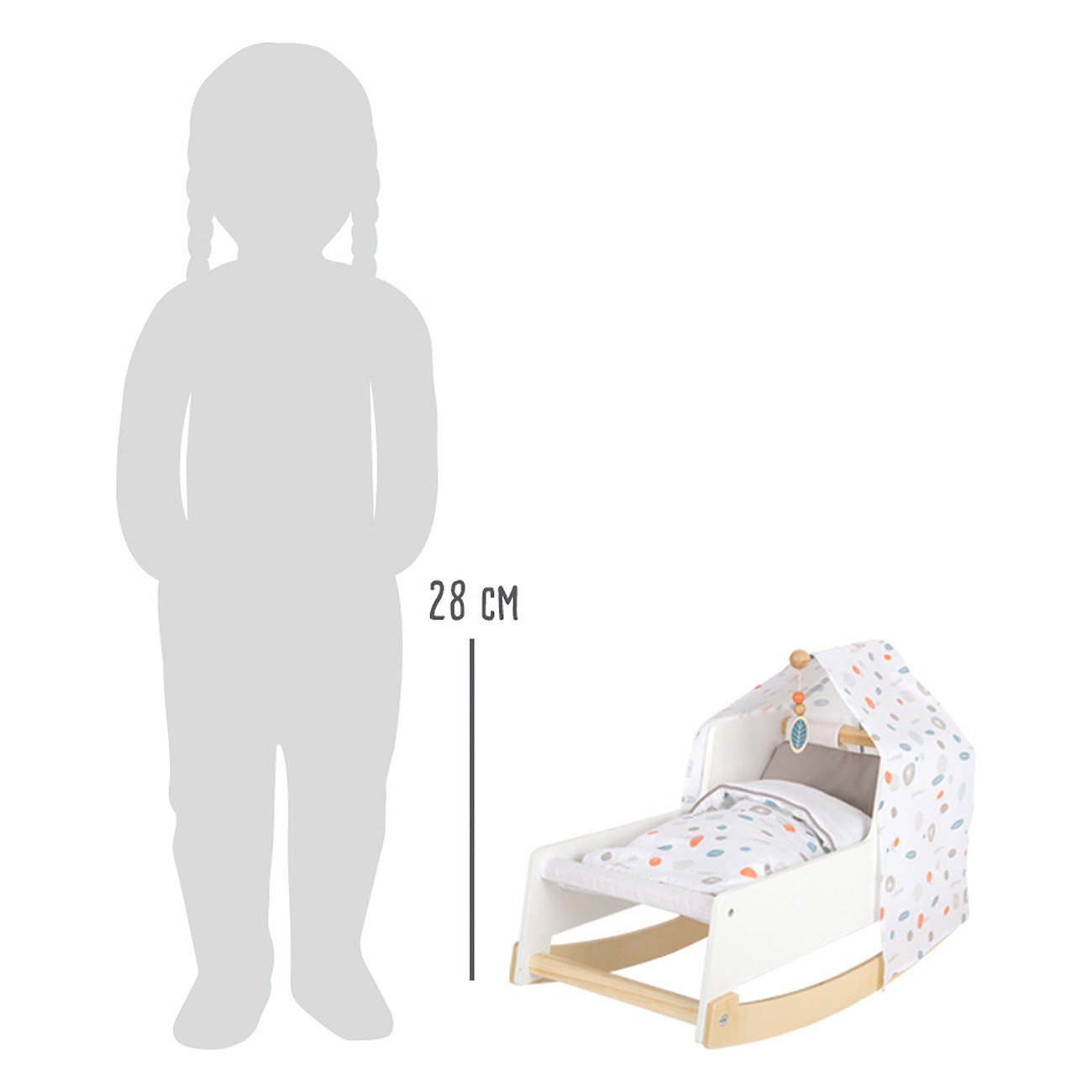 Eine Kindersilhouette neben einer Spielzeugwiege mit einem Baldachin.