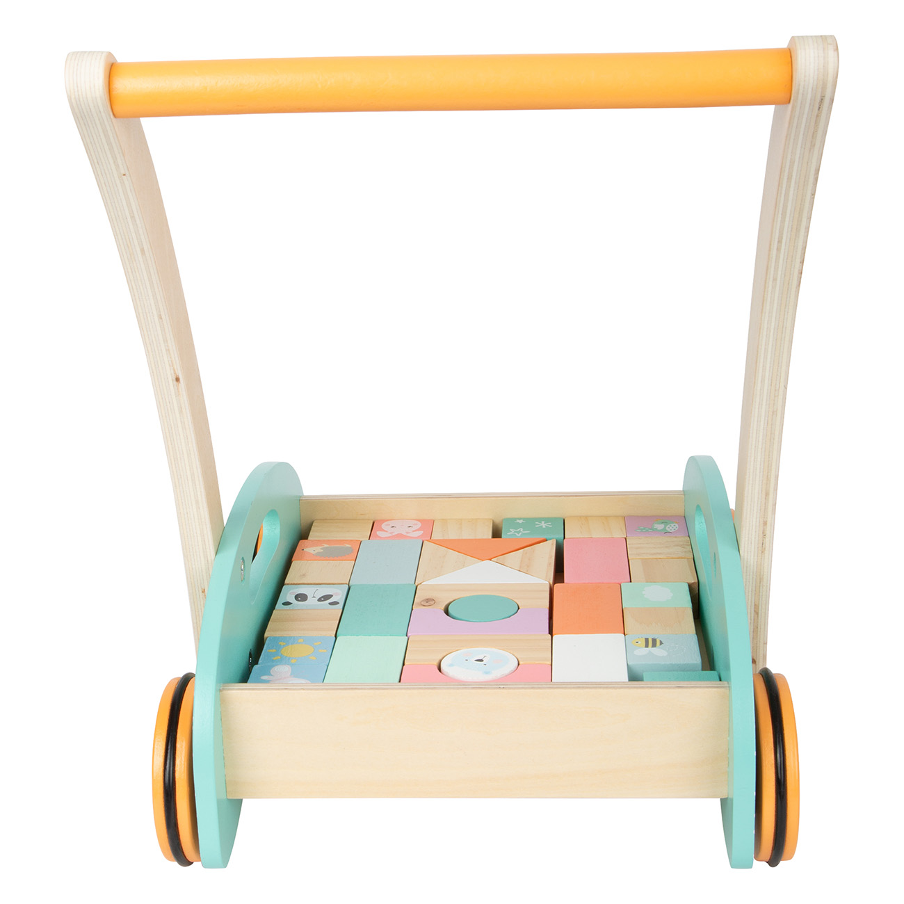 Holz-Baby-Lauflernwagen mit bunten Blöcken, orangefarbenem Griff und türkisfarbenen Akzenten, isoliert.
