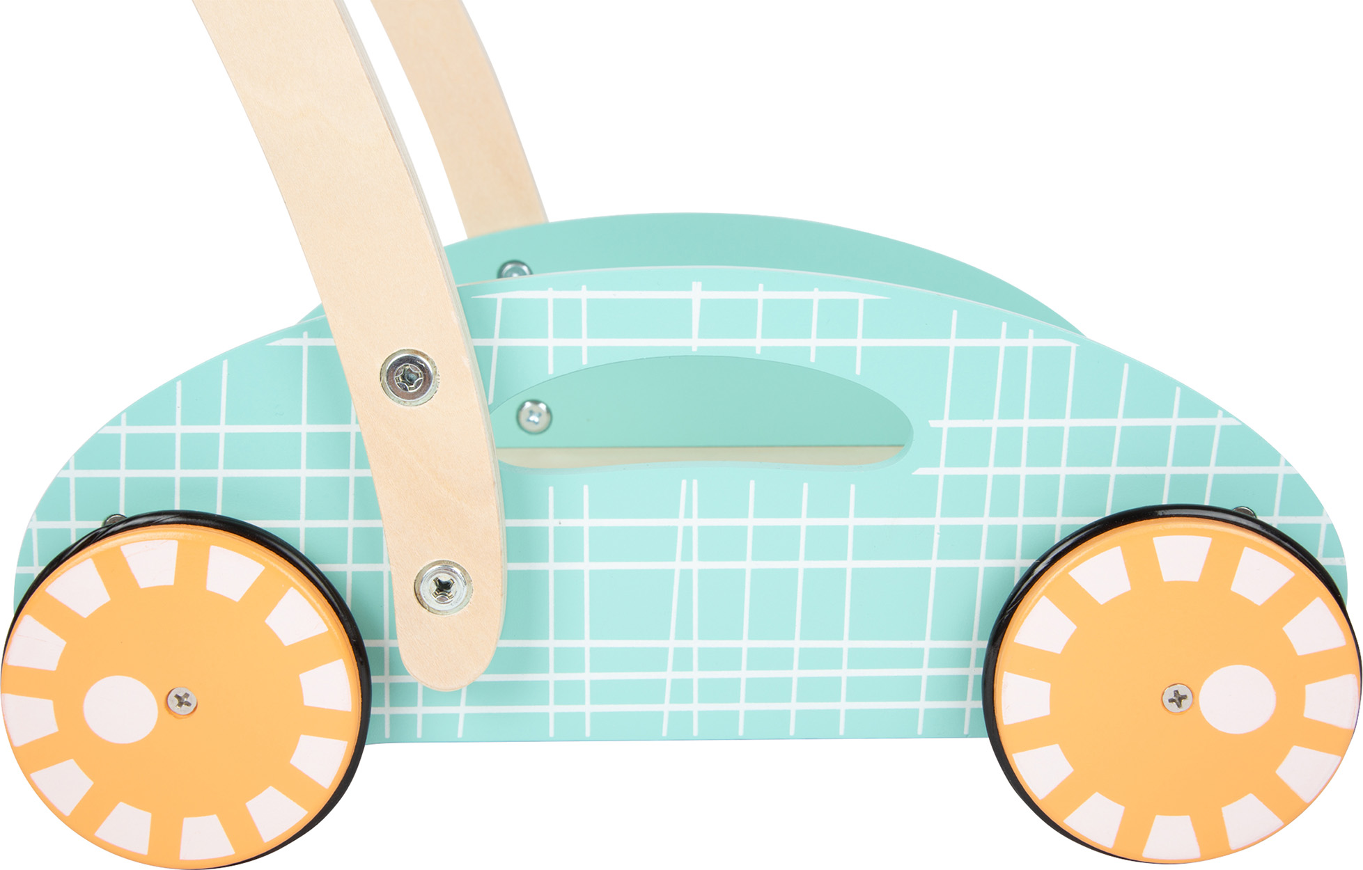 Ein blau-weißer Baby-Lauflernwagen mit gelben Rädern.
