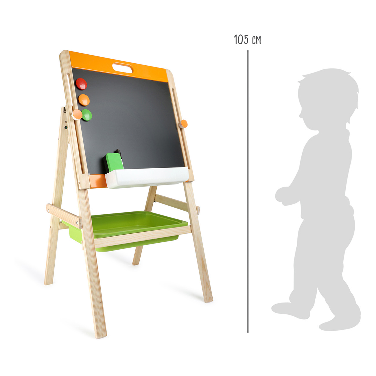 Holzstaffelei mit Tafel und Ablage, mit orangenem Oberteil, steht in der Nähe einer Kindsilhouette.