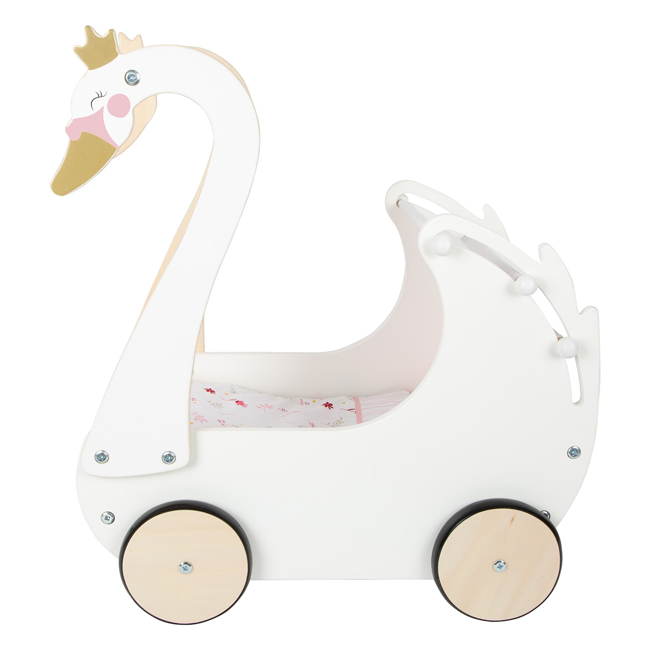 Weißer, schwanförmiger Spielzeugwagen mit rosa Innenraum und floralem Muster. Holzräder.