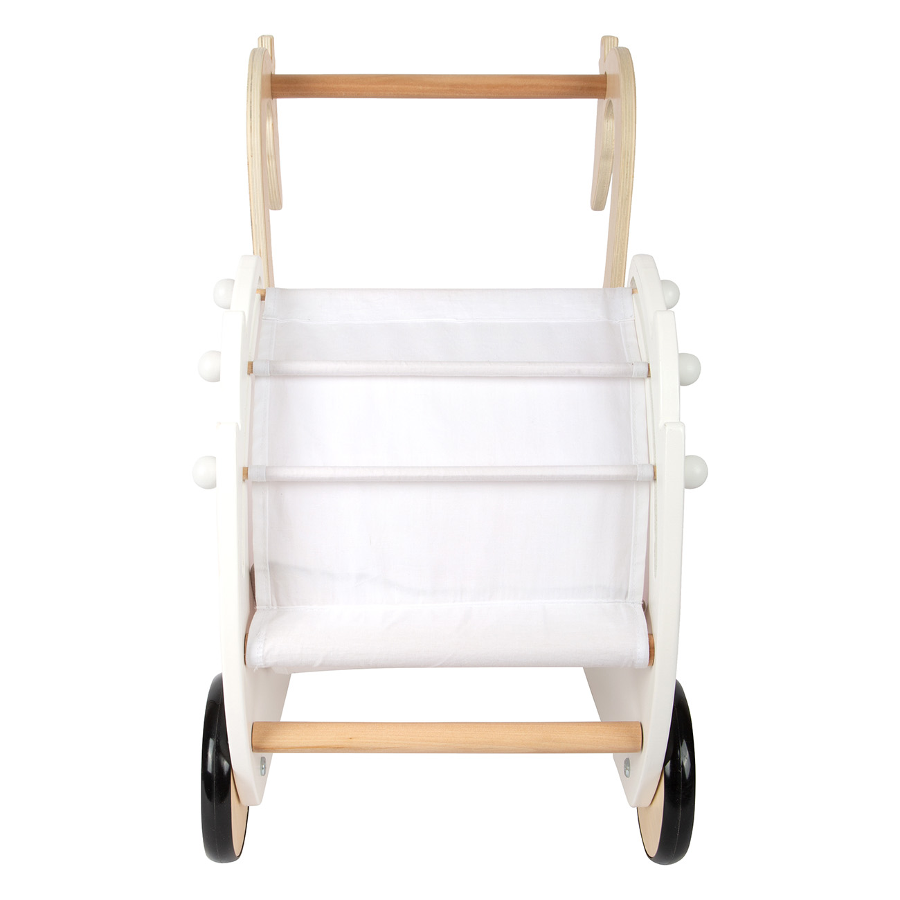 Weißer Baby-Lauflernwagen aus Holz mit Stoff. Schwarze Räder. Holzgriff.