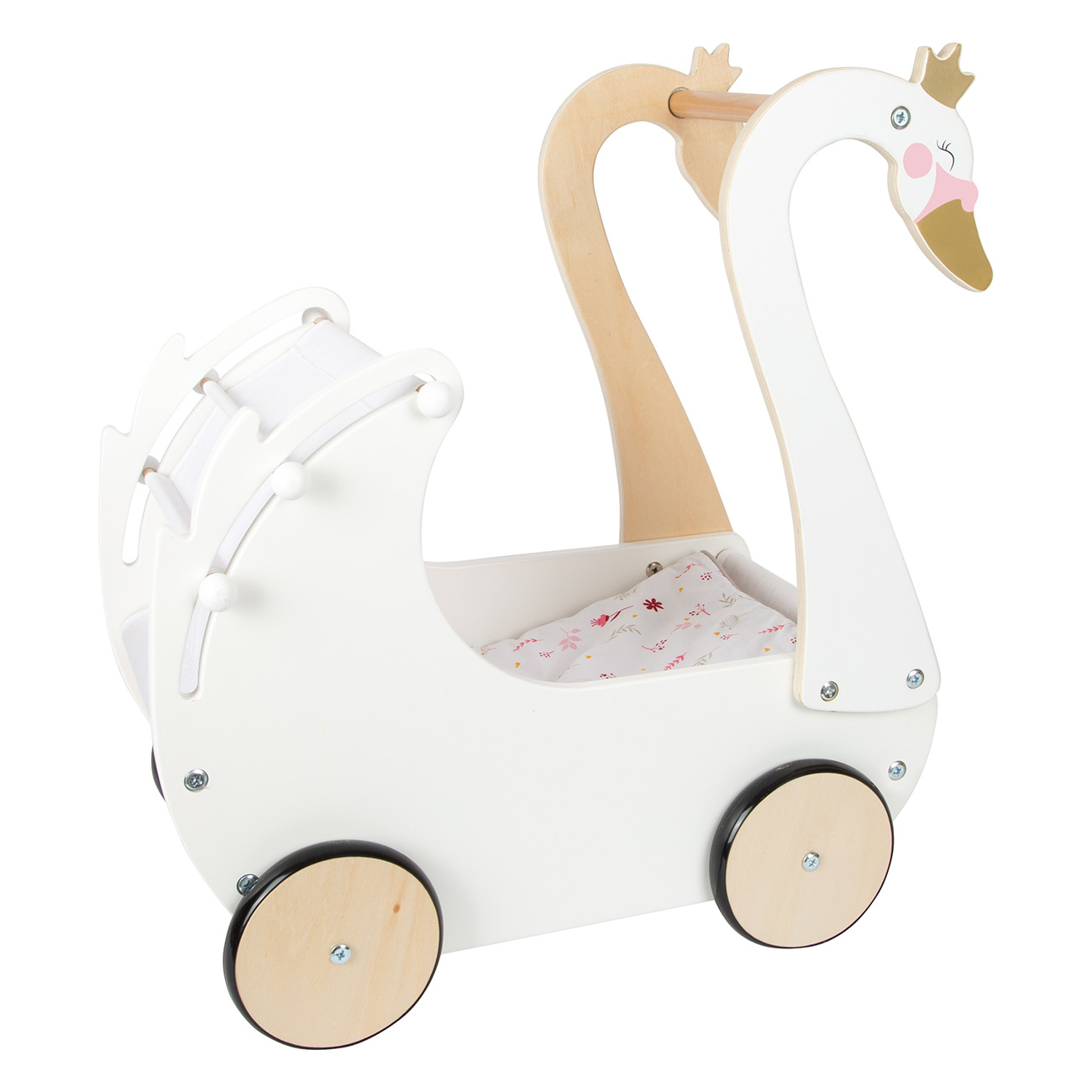Weißer, schwanförmiger Babywagen mit floral gemustertem Kissen.