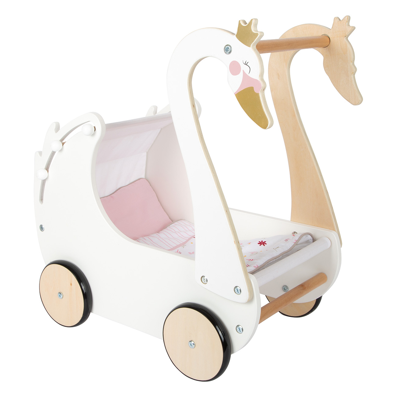 Weißer, schwanförmiger Baby-Kinderwagen. Holz-Akzente, rosa Innenraum und zwei Holzgriffe.