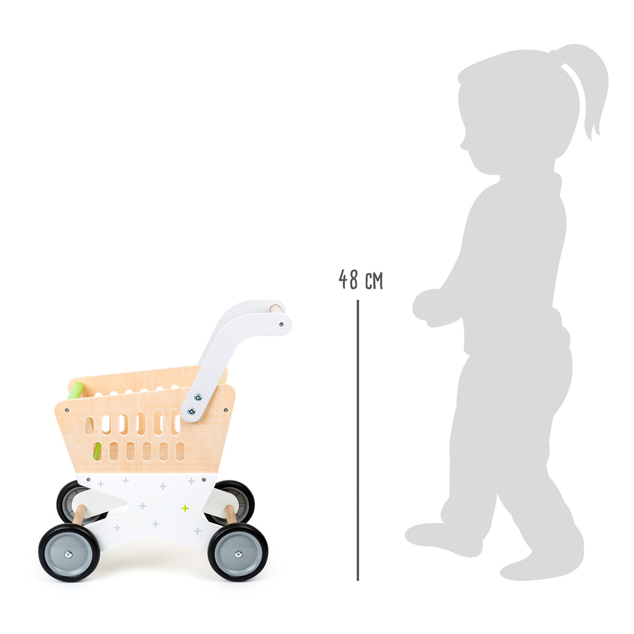 Ein Spielzeug-Einkaufswagen neben der Silhouette eines Kindes. Er ist 48 cm groß.