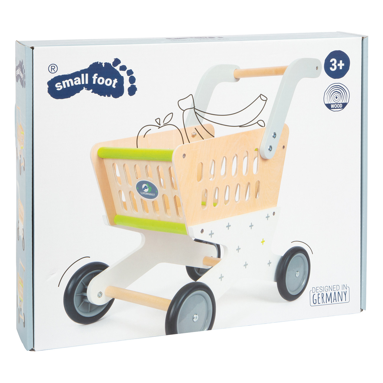 Ein Einkaufswagen aus Holz mit Früchten. Es hat ein kleines Fußlogo und "Designed in Germany".