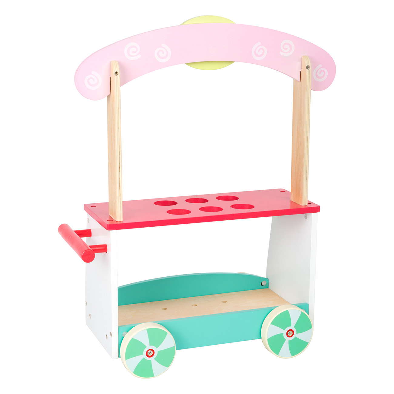 Ein Holzspielzeug-Eiswagen mit roten und weißen Details und einem rosa Baldachin auf weißem Hintergrund.