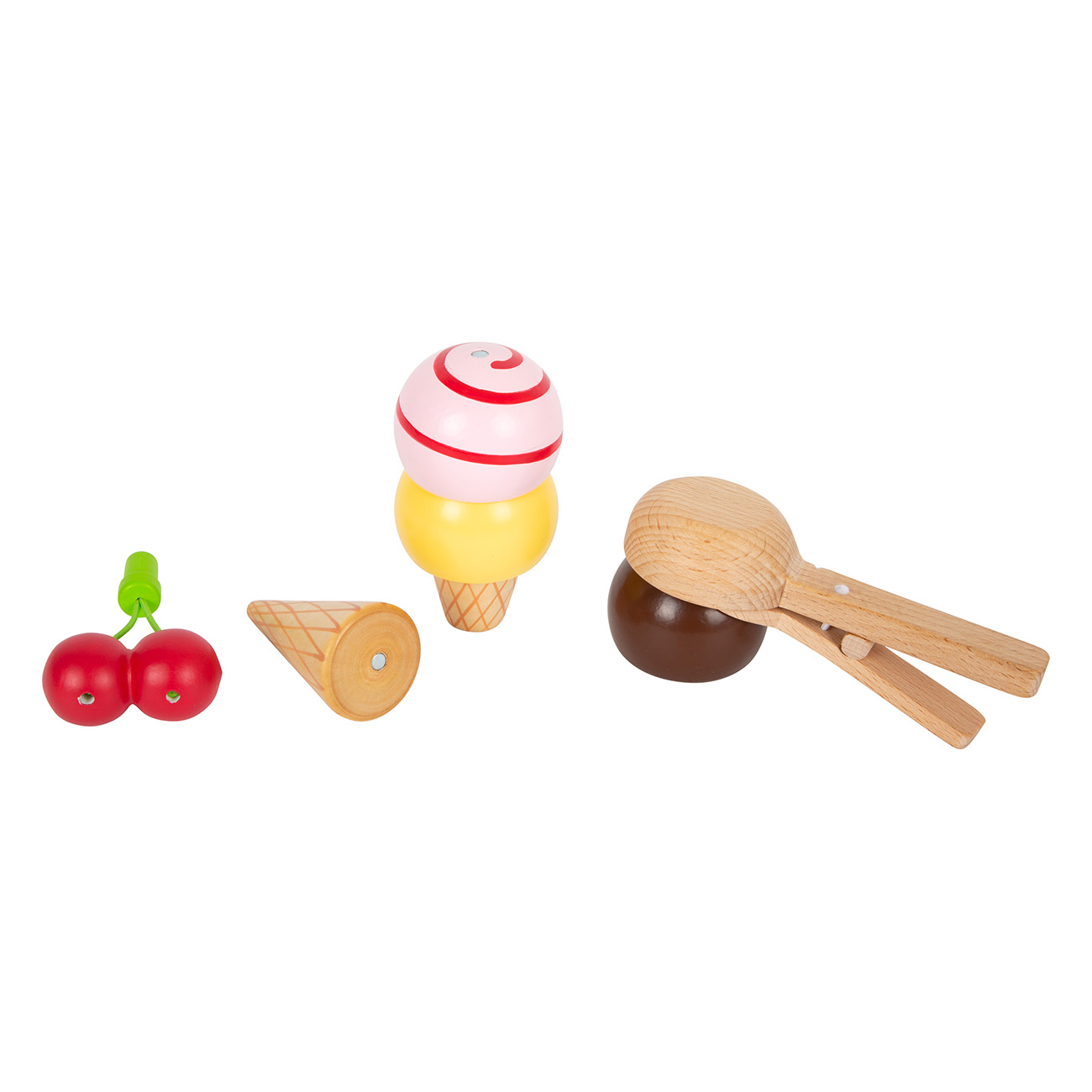 Hölzernes Spielzeug-Eiscreme-Set mit Waffel, Eiscreme-Kugeln, Kirschen und Eiscreme-Portionierern.