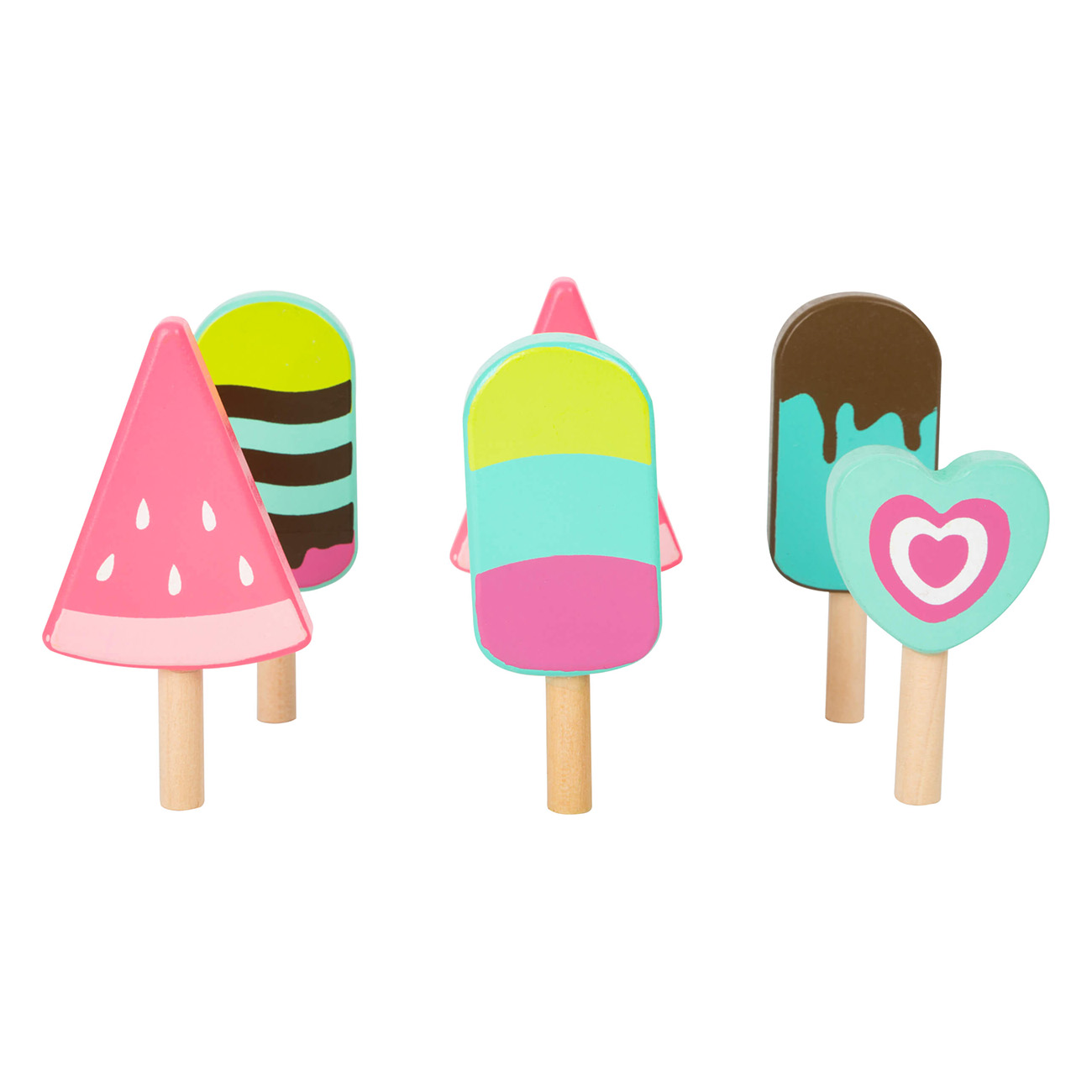 Sechs bunte Holz-Eis-Spielzeuge in verschiedenen Formen und Designs auf weißem Hintergrund.