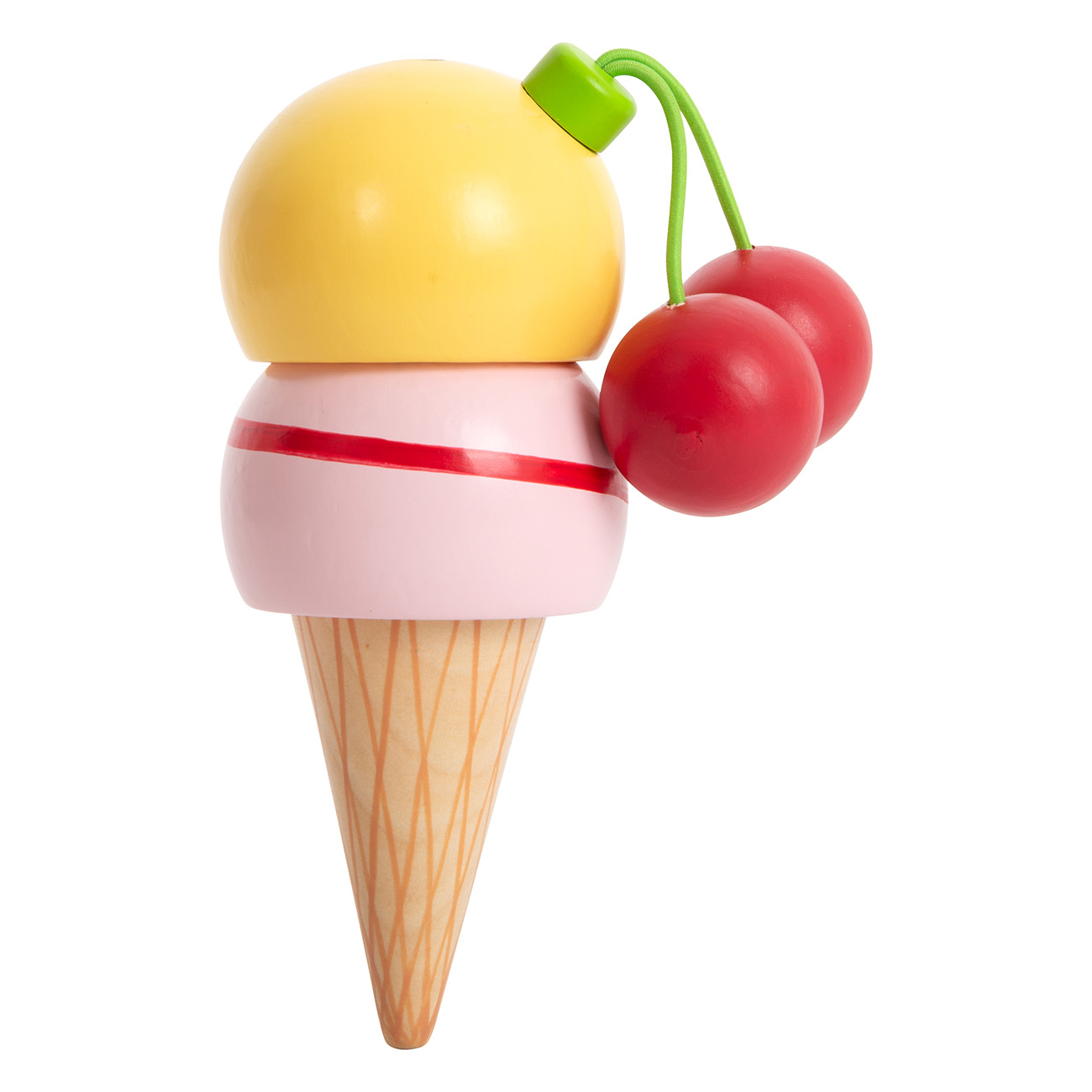 Holzeis mit gelben und rosa Kugeln, roten Kirschen und einem Kegel.