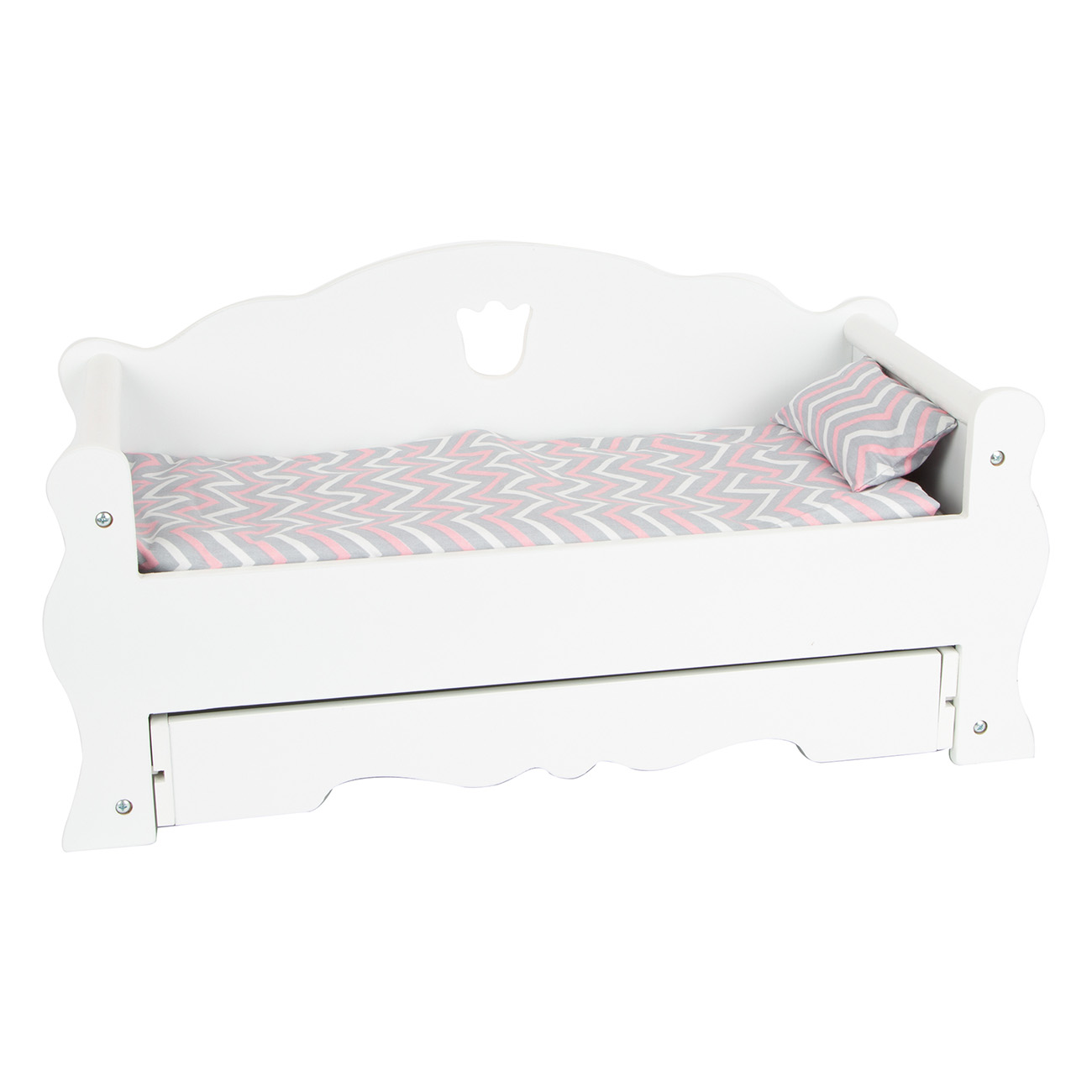 Weißes Puppenbett mit rosa-grau gemusterter Decke und Kissen. Unter dem Bettrahmen befindet sich eine Schublade.