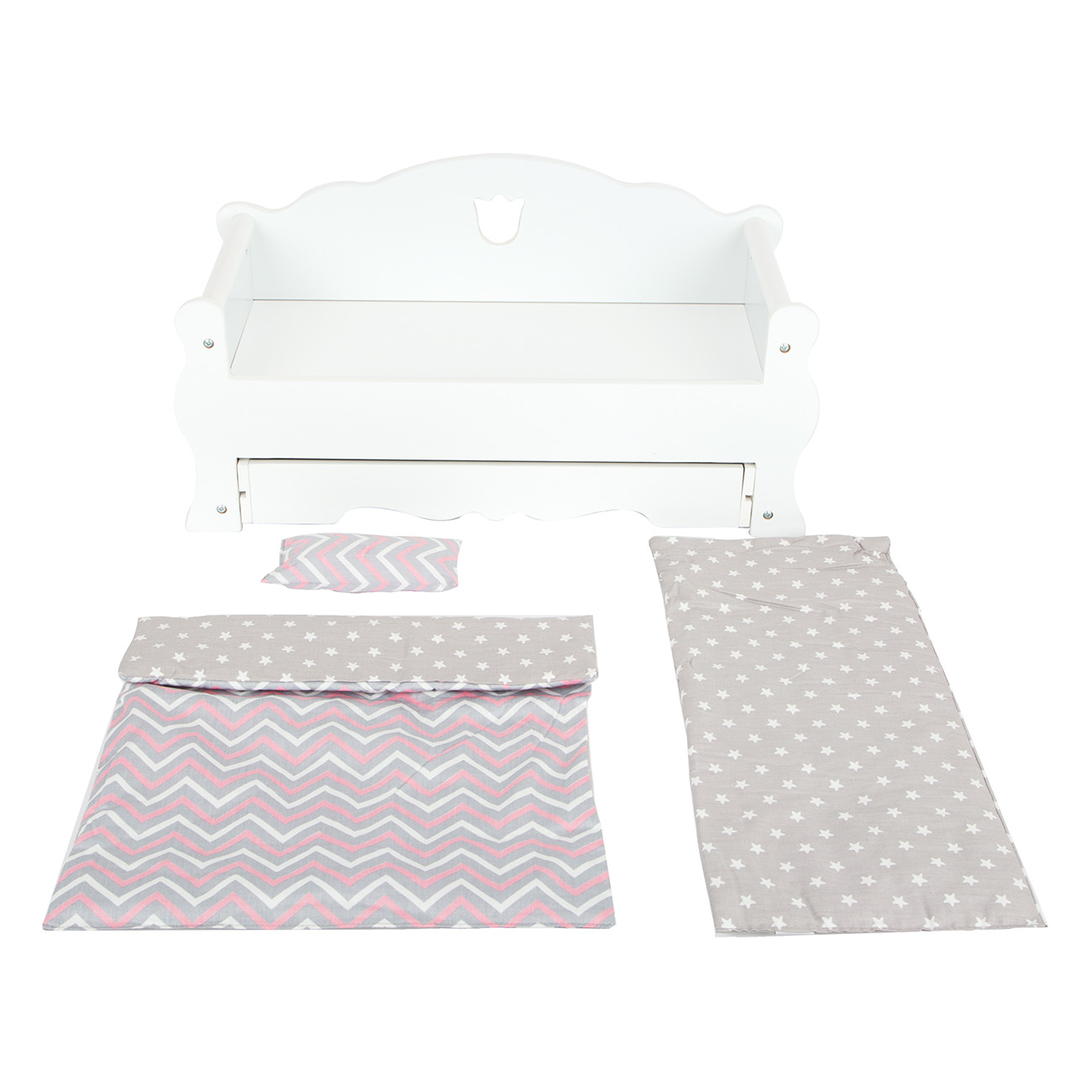 Weißes Puppenbett mit Bettwäsche: Kissen, Decke und Bettlaken mit Sternenmuster.