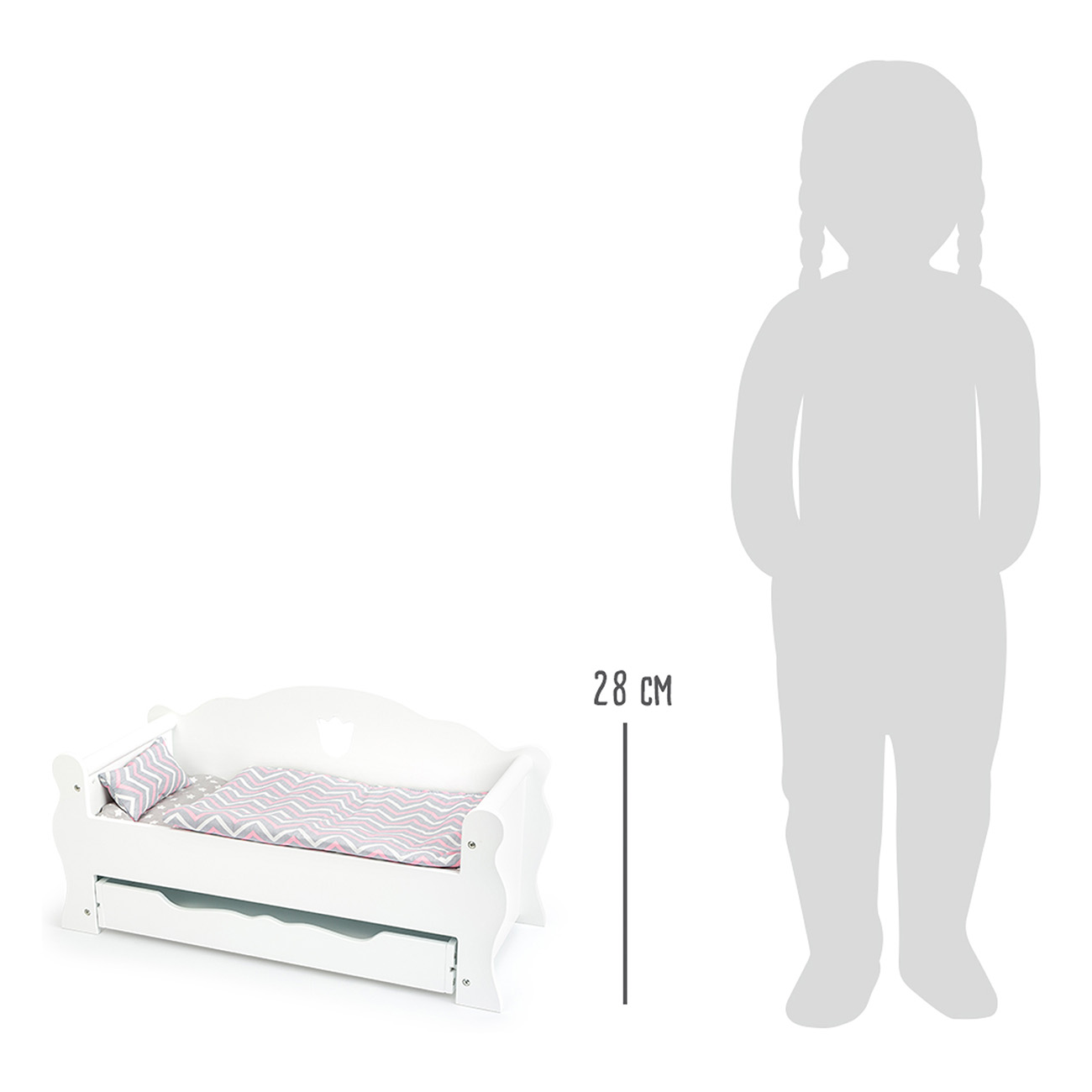 Weißes Puppenbett mit Schublade und rosa gemusterter Decke. Silhouette eines Kindes rechts.