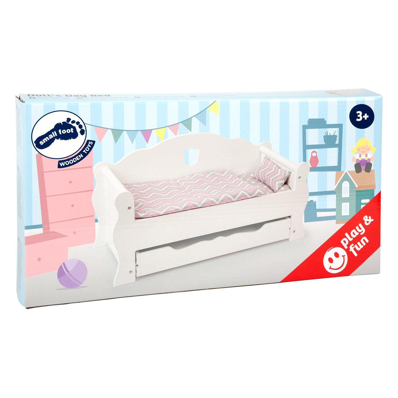 Box mit einer Illustration eines Puppen-Tagesbettes, rosa und weiße Farben. Ein kleines Holzspielzeug.