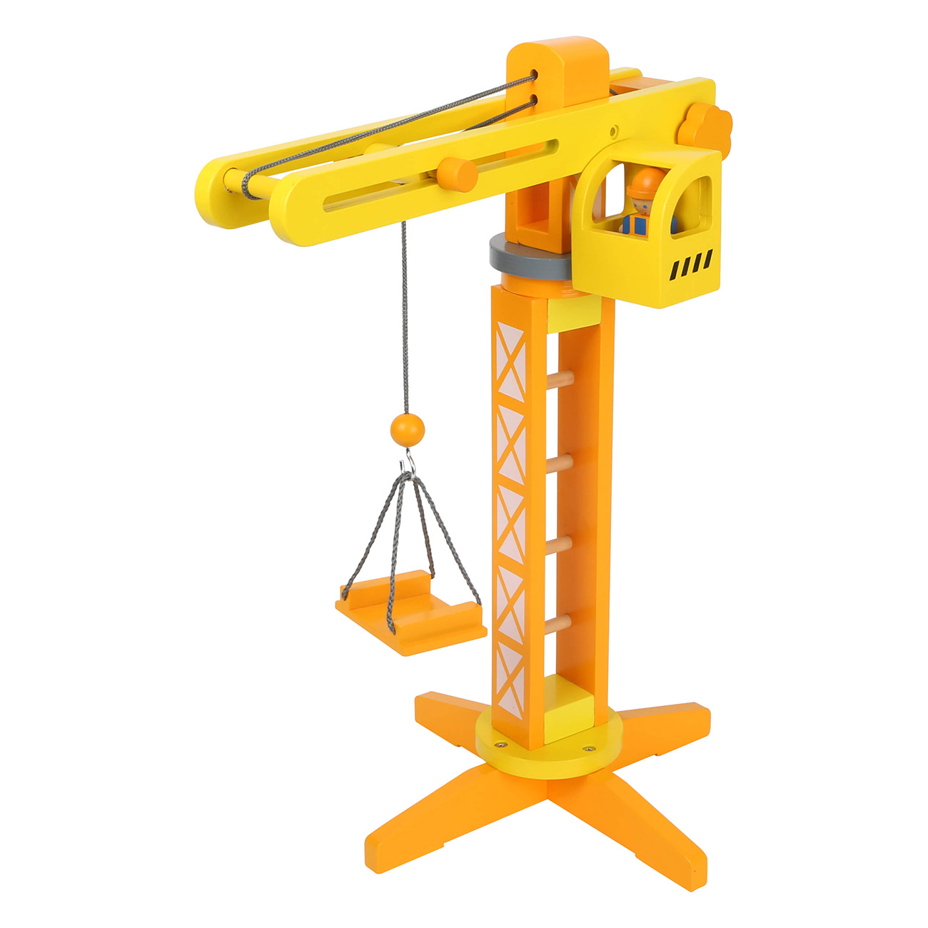 Holzspielzeugkran gelb und orange lackiert mit einer kleinen Person darin.