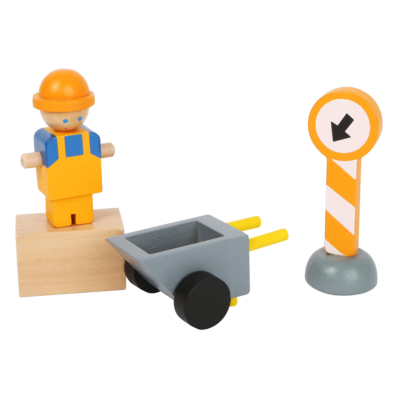 Holzspielzeug-Set mit einem Bauarbeiter, einer Schubkarre und einem Straßenschild mit einem Pfeil nach unten.
