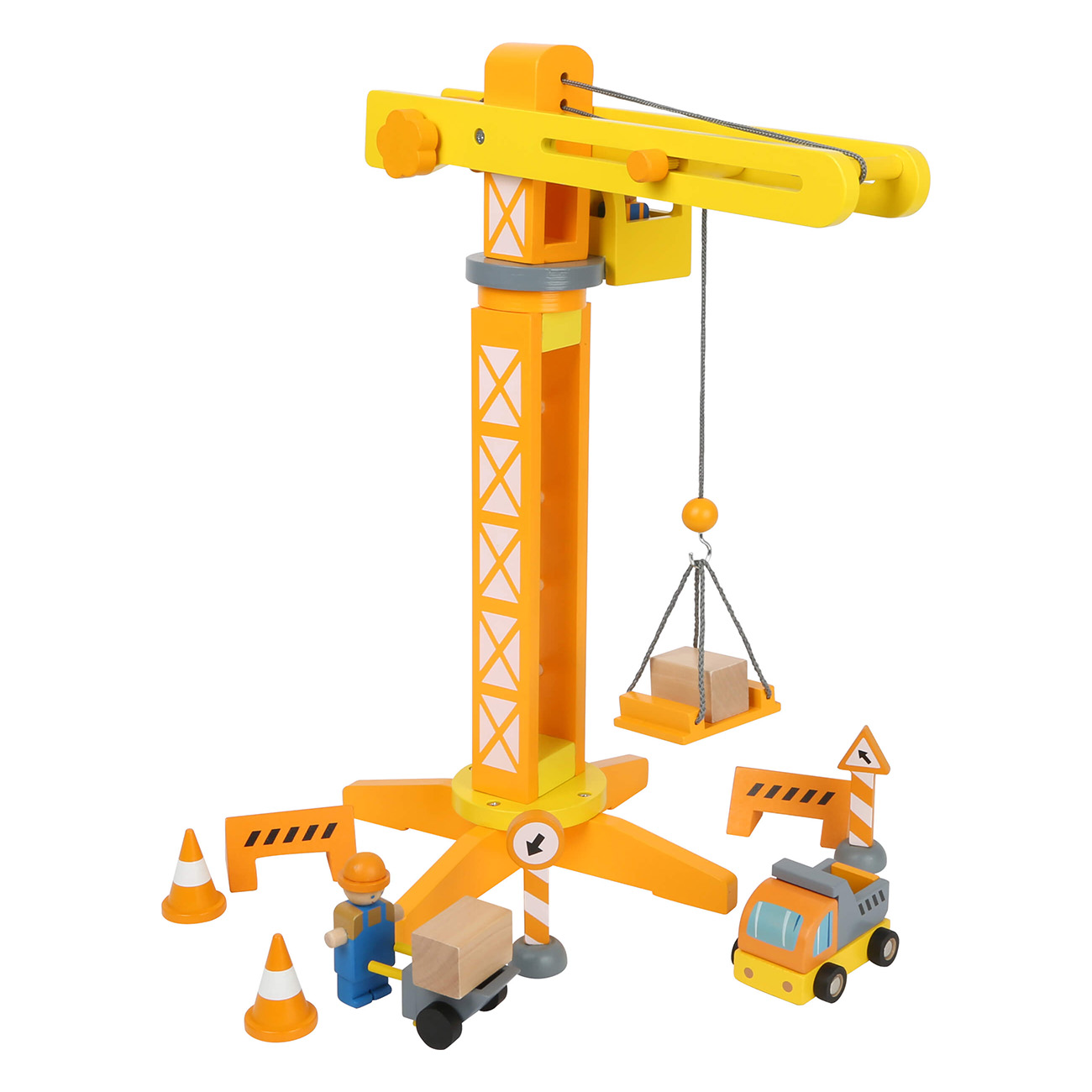 Gelber Spielzeugkran mit einer Kiste auf einer Plattform. Enthält eine Arbeiterfigur, Kegel und einen LKW.