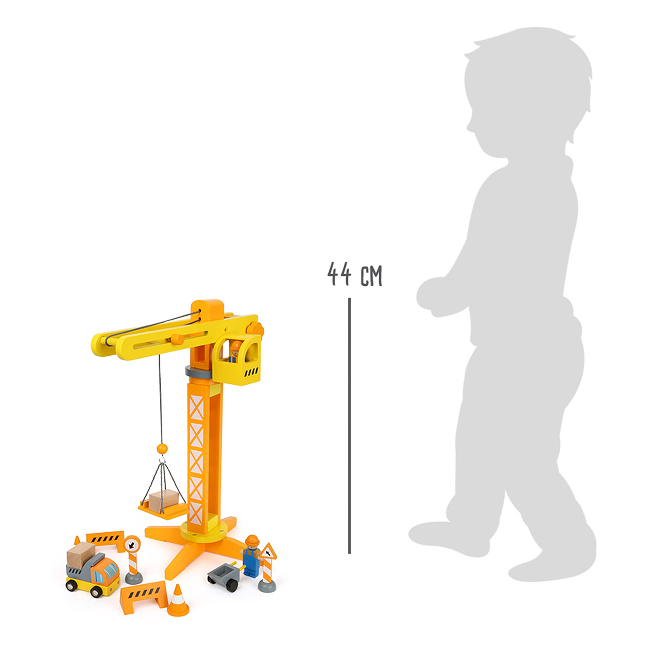 Spielzeugkran, Bausatz mit Jungen-Silhouette.