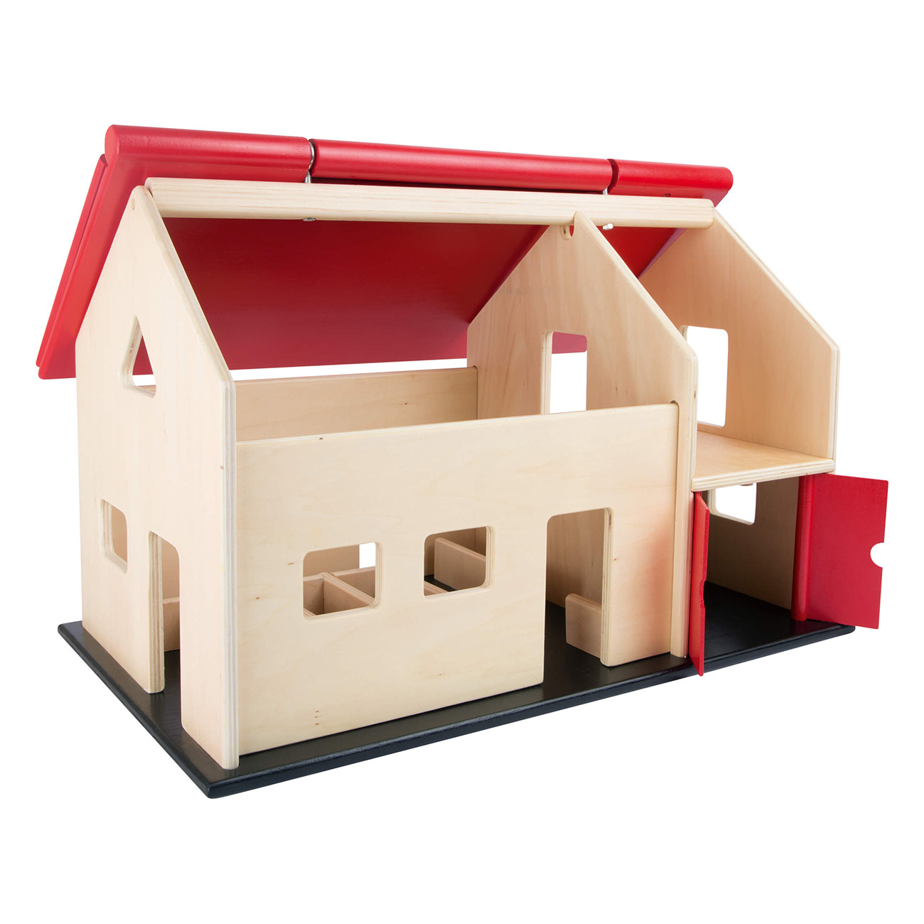 Holzpuppenhaus mit rotem Dach, offener Front. Schwarzer Sockel, weißer Hintergrund.
