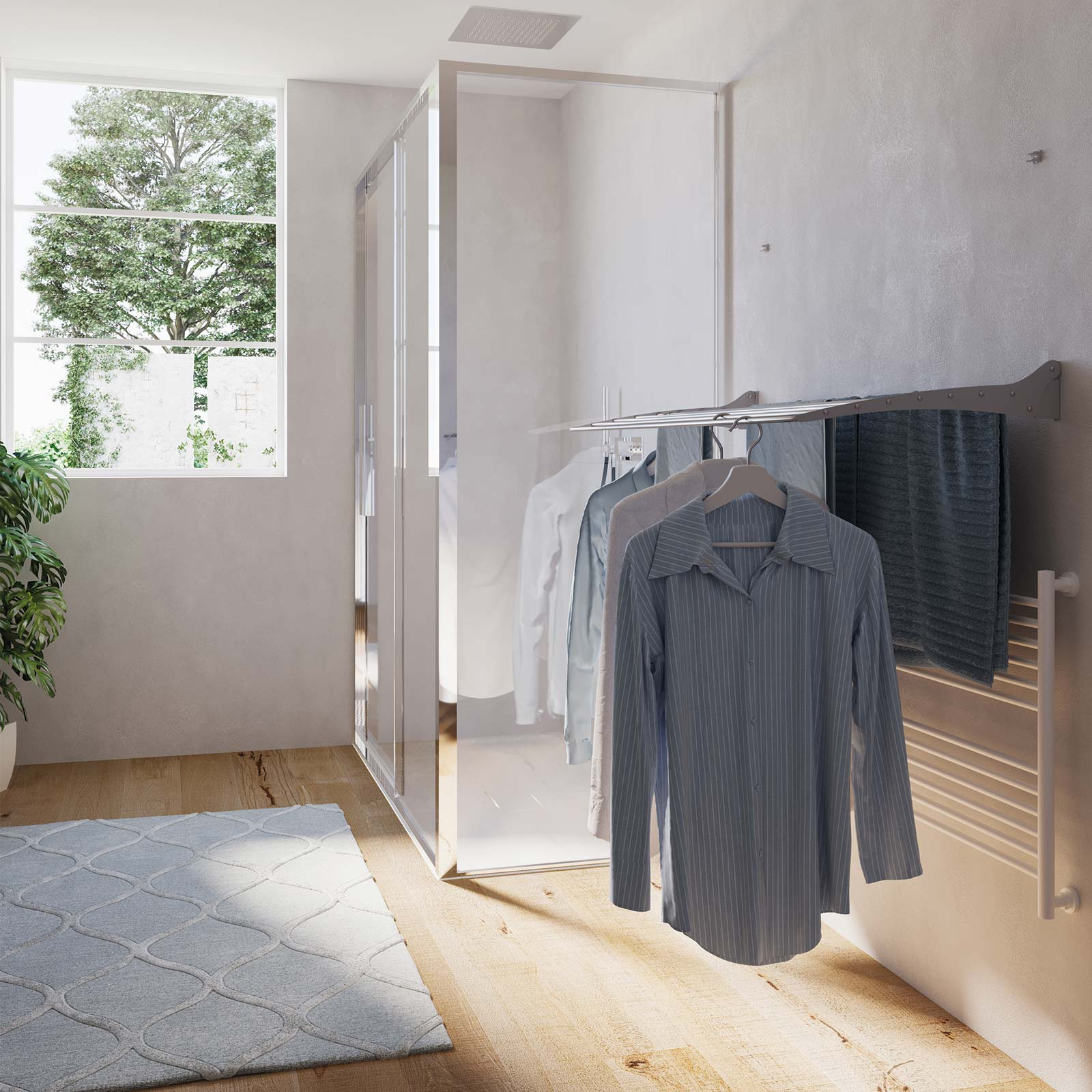 Un bagno moderno con doccia, vestiti appesi, finestra con vista e un tappeto sul pavimento in legno.