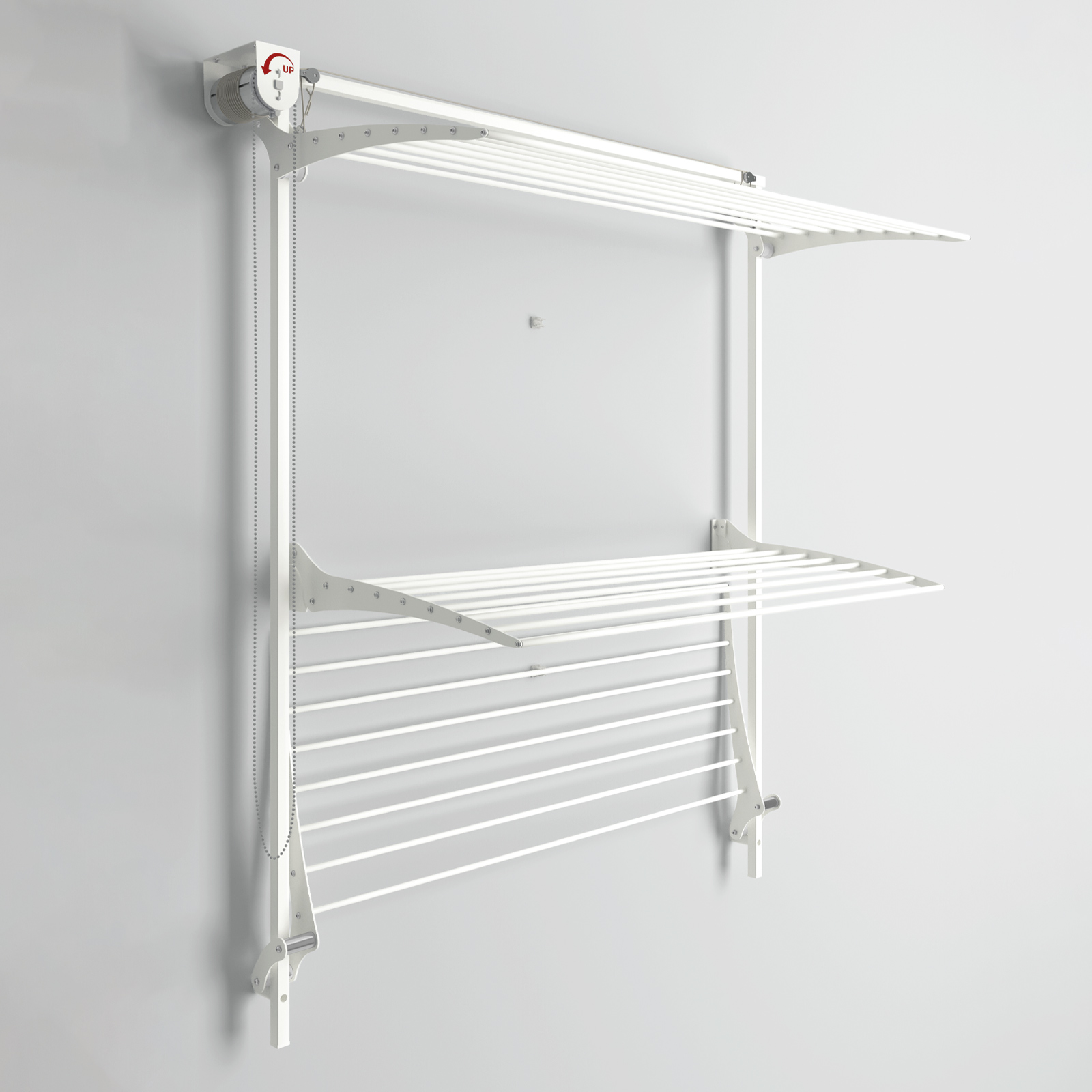 Stendibiancheria bianco a parete. Lo sfondo è grigio.