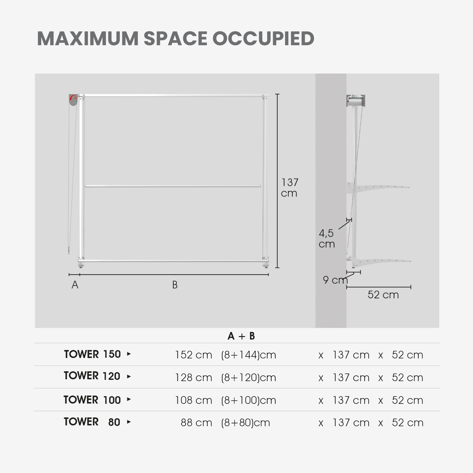 Diagramma di una mensola bianca con dimensioni per diverse dimensioni di ripiani a torre.