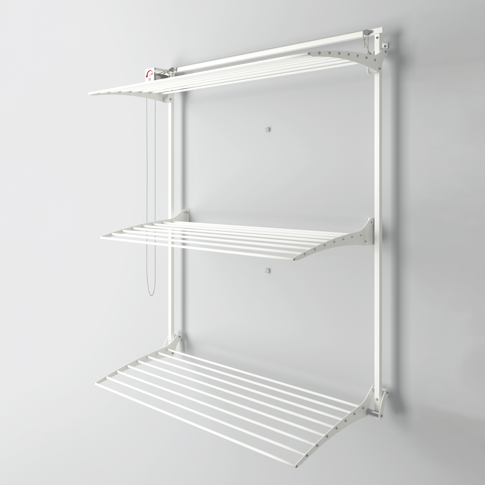 Stendibiancheria bianco a parete con tre livelli. Catena e bracci di supporto visibili.