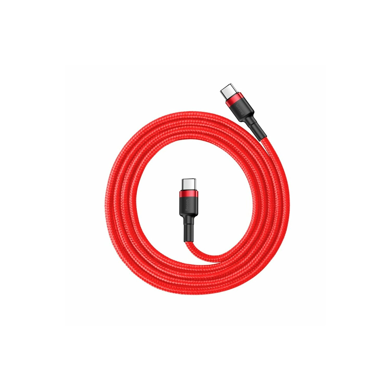 Cavo USB-C rosso e nero a forma circolare. Entrambe le estremità hanno connettori neri.