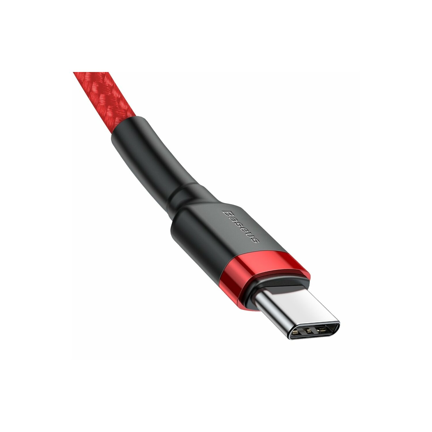 Cavo USB-C rosso e nero con connettore USB-C. Il cavo è intrecciato.