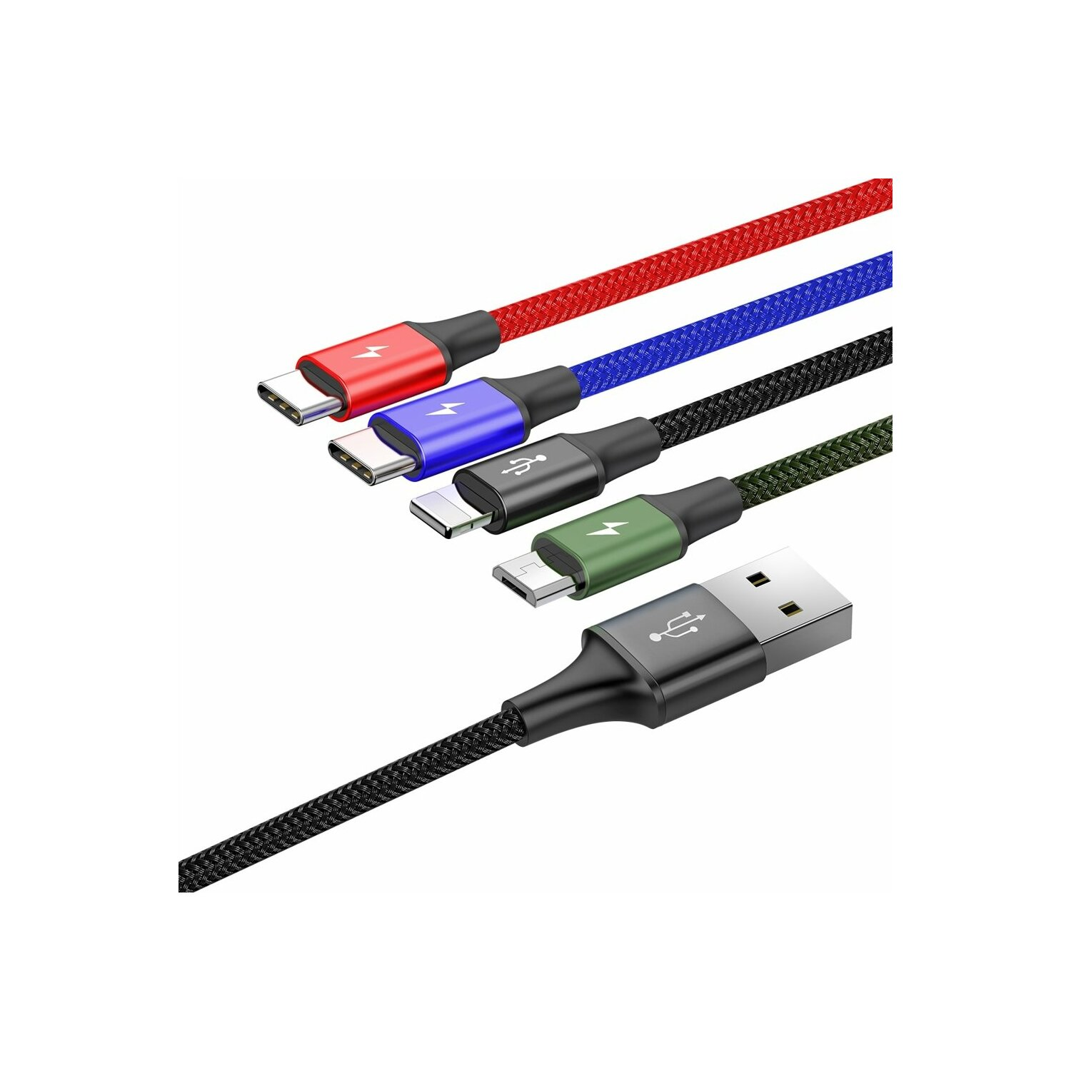 Pięć kabli USB z różnymi złączami i kolorami, ułożonych po przekątnej na białym tle.