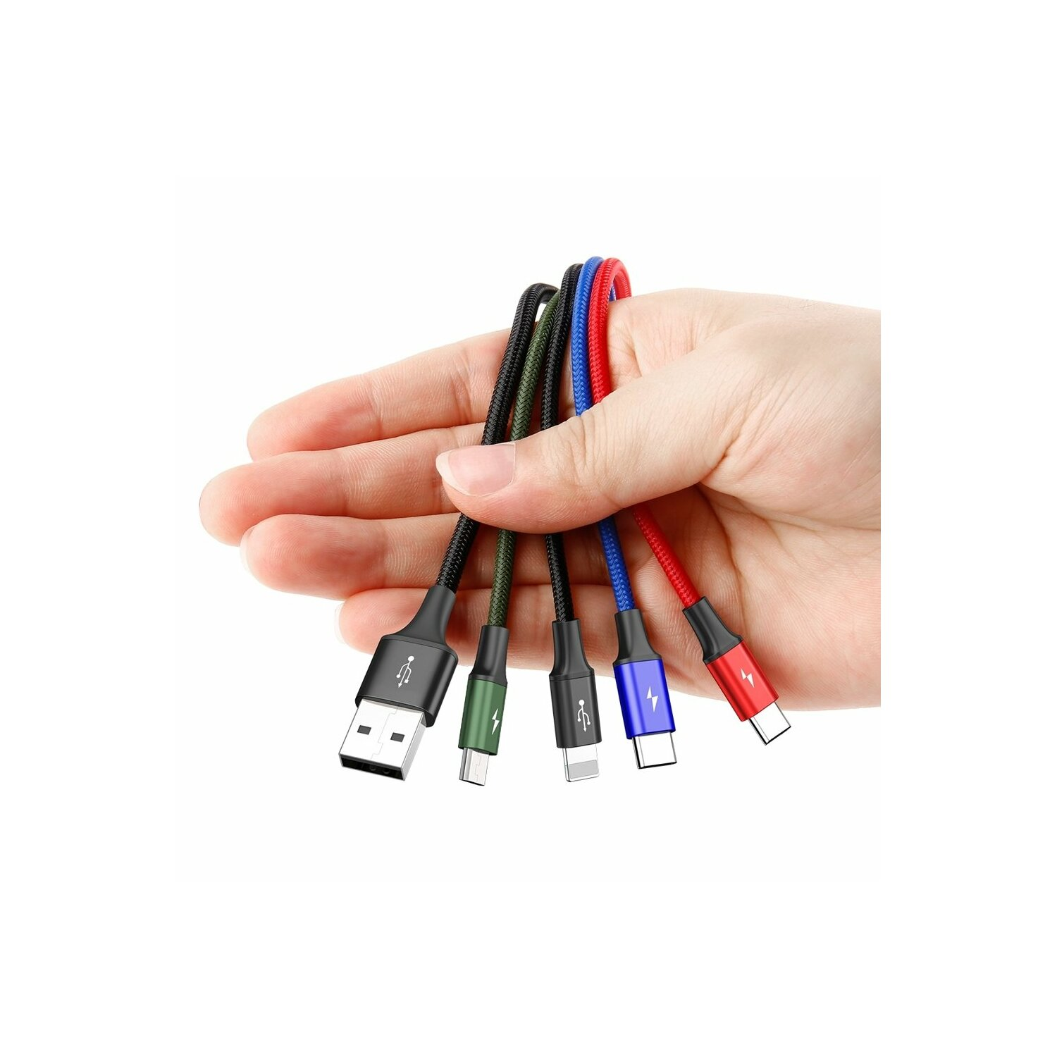 Dłoń trzymająca pięć kolorowych kabli USB, każdy z różnymi typami złączy.