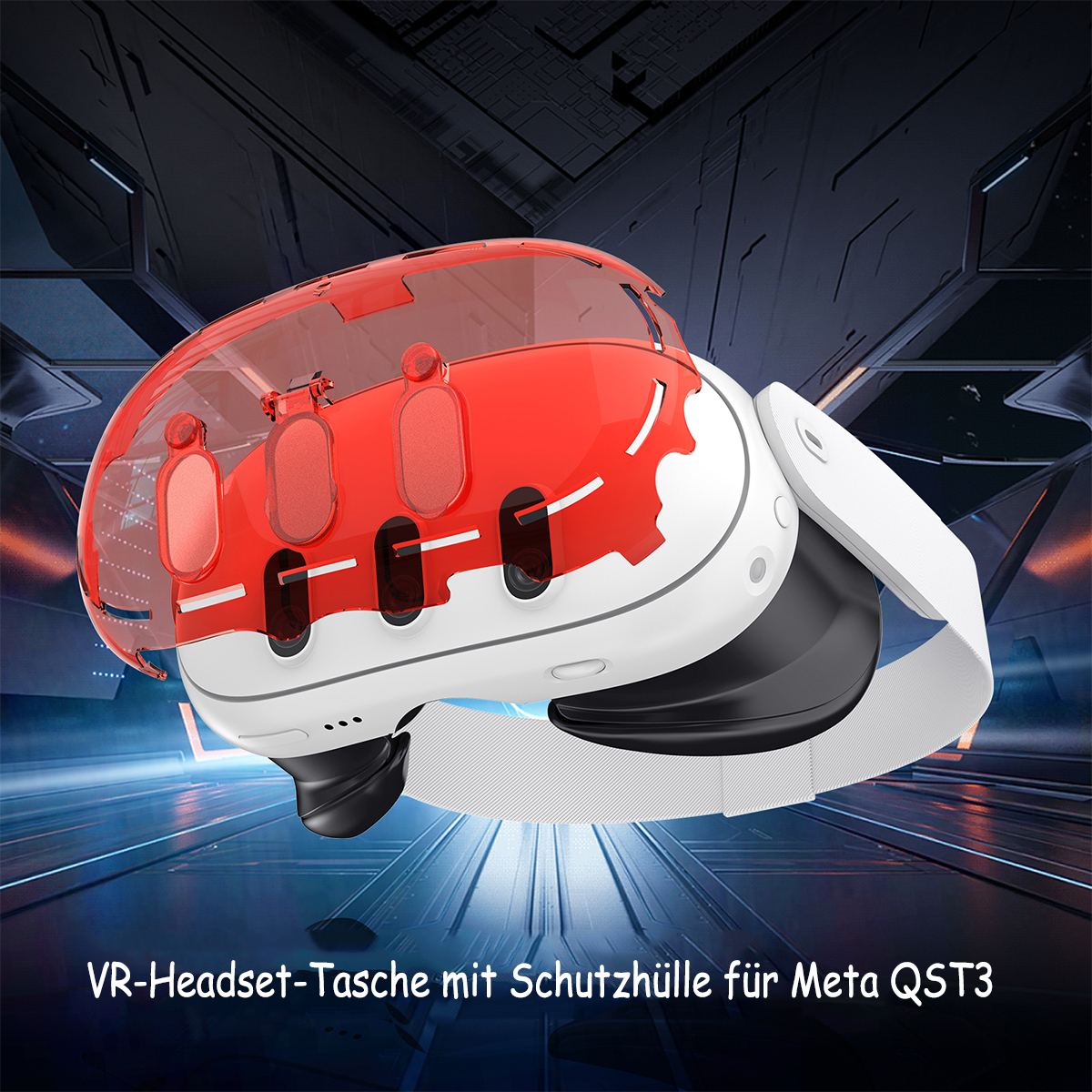 Ein rot-weißes VR-Headset in einem Schutzetui, mit deutschem Text.