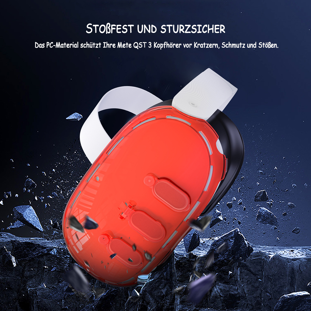 Orangener VR-Headset-Koffer mit weißen Riemen. Schwarzer und blauer Hintergrund mit Fragmenten. Text.