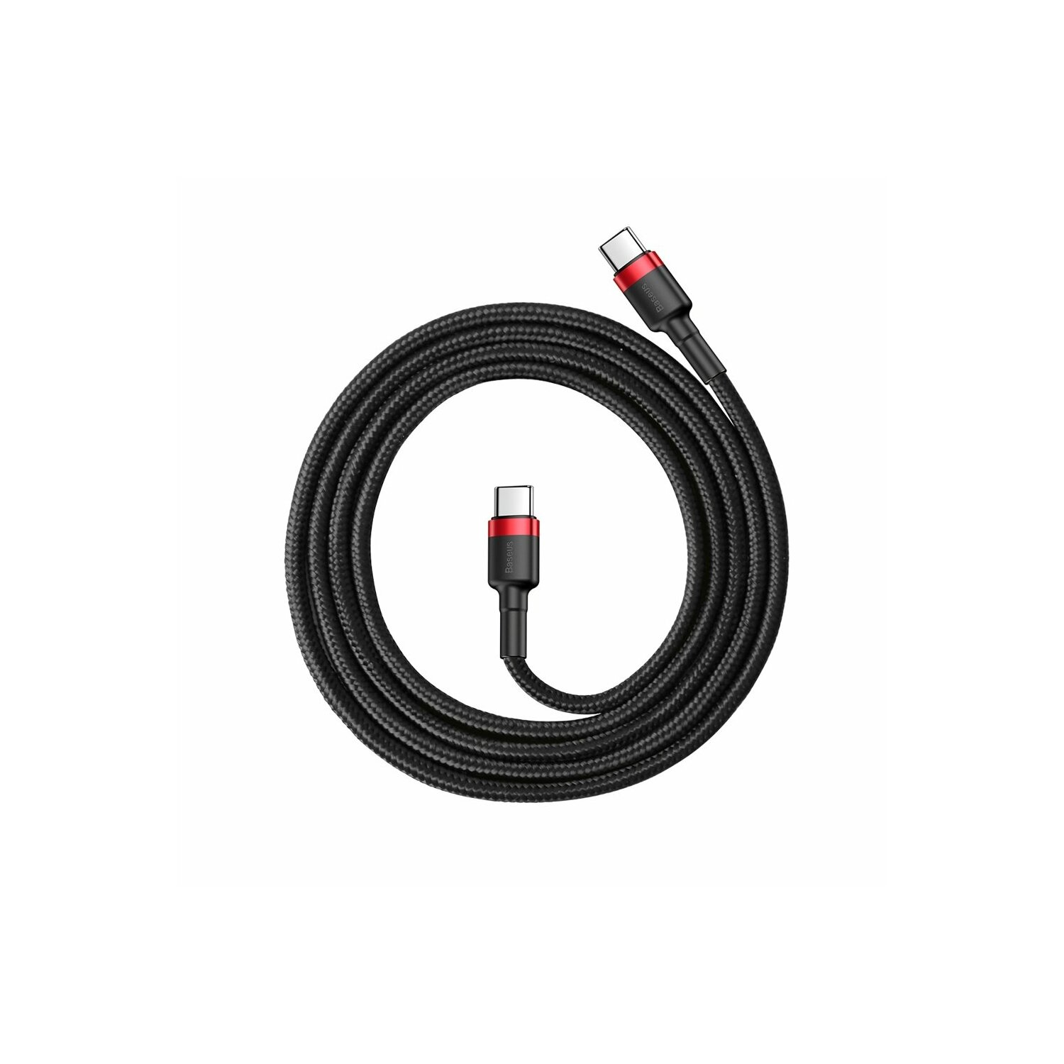 Czarny kabel USB-C zwinięty w okrąg. Czerwone złącza na obu końcach.