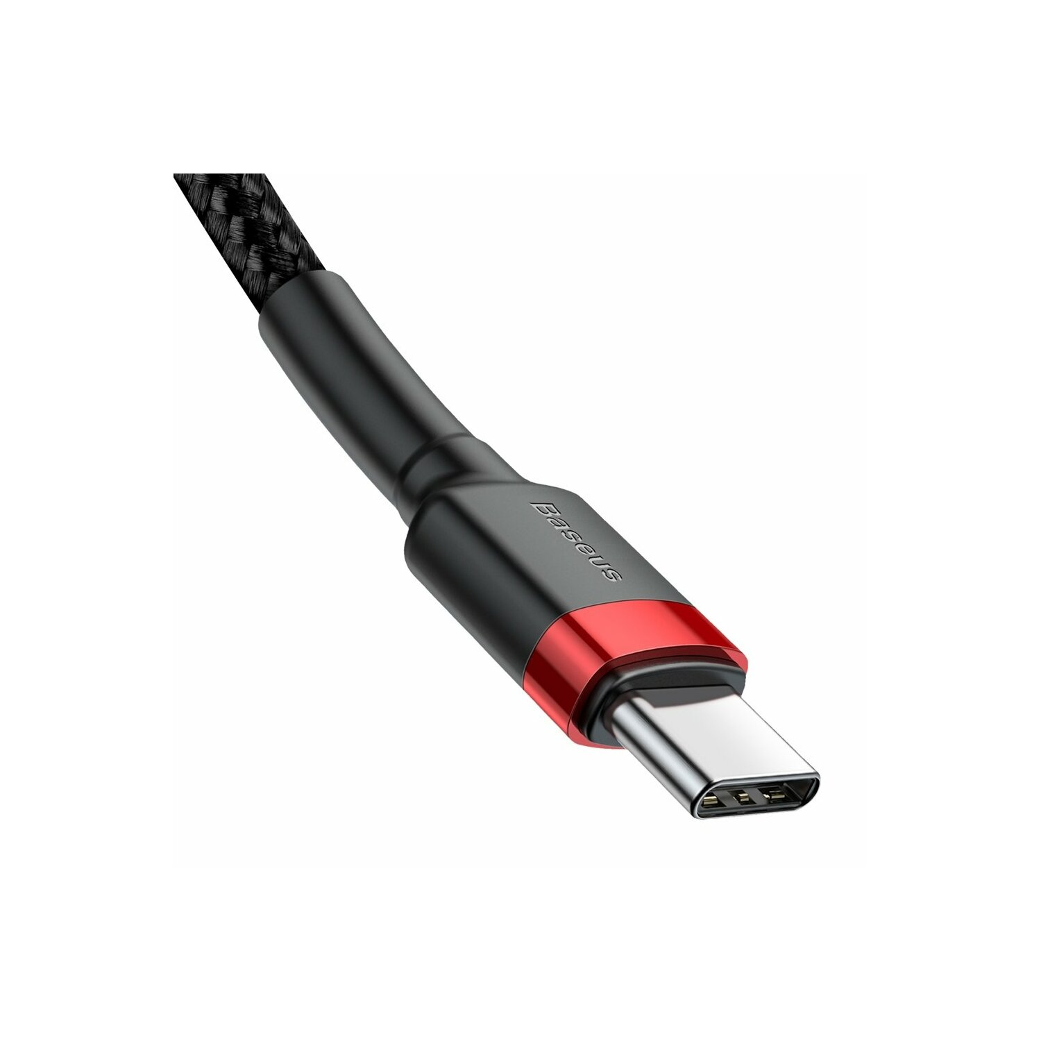 Kabel USB-C. Czarny kabel z czerwonymi akcentami, ze złączem USB-C na końcu.