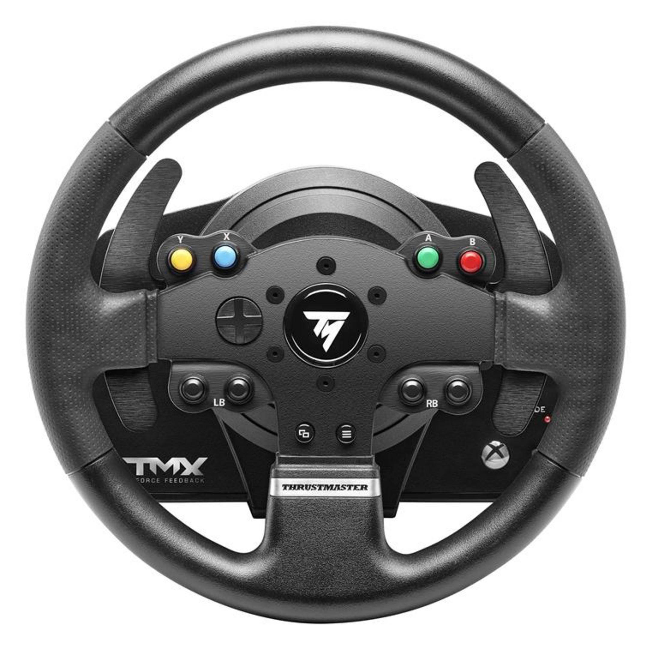 Ein schwarzes Lenkrad mit verschiedenfarbigen Knöpfen und dem Thrustmaster-Logo.
