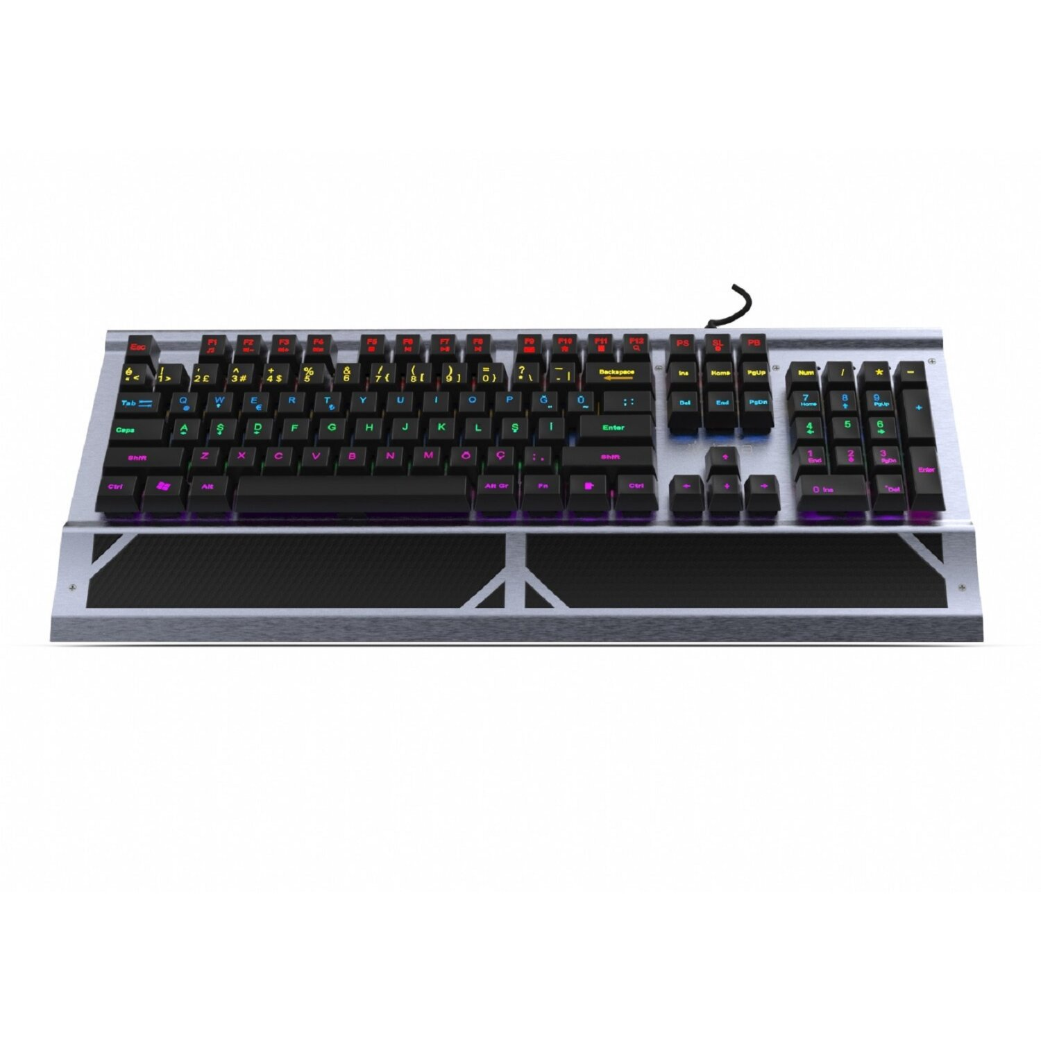 Schwarze Gaming-Tastatur mit beleuchteten Tasten und Handballenauflage.