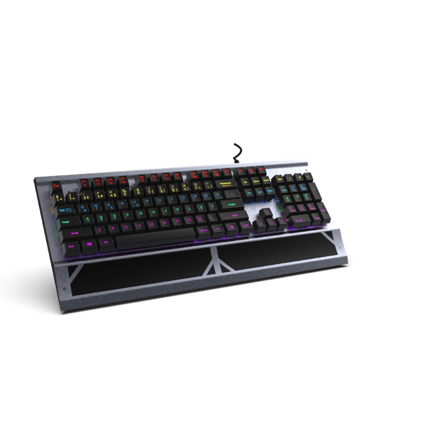 Eine silberne und schwarze Tastatur mit beleuchteten Tasten. Es ist auf weißem Hintergrund.