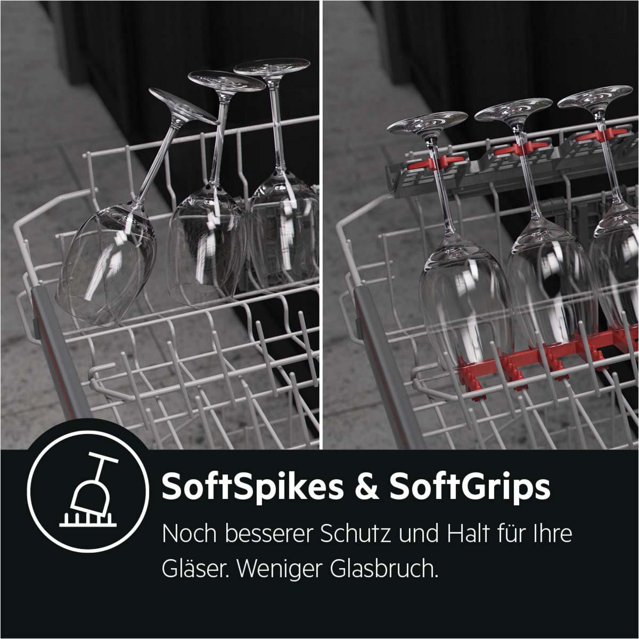 Geschirrspüler mit Gläsern. SoftSpikes & SoftGrips Text. Gläser sind im Geschirrspüler.