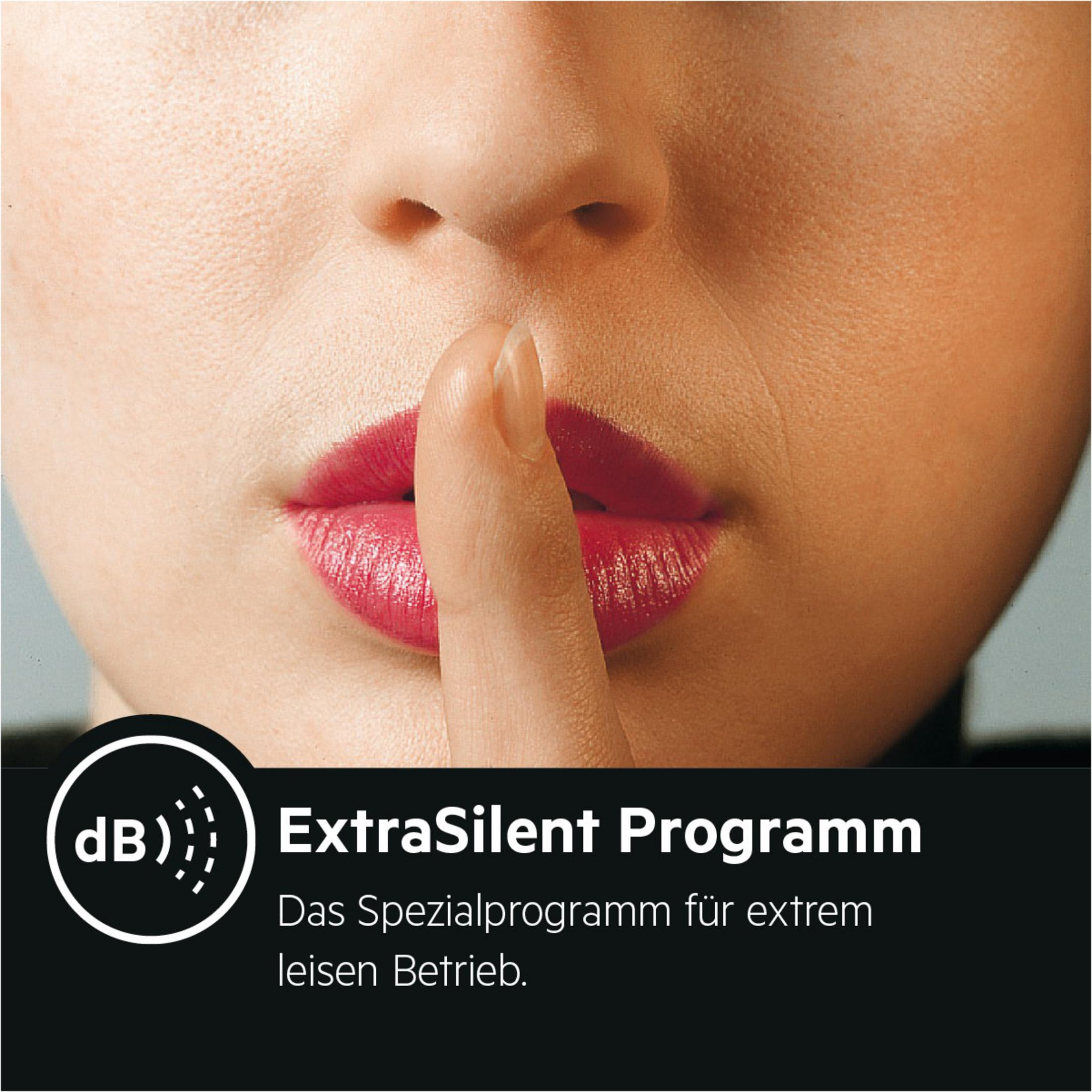 Gesicht einer Frau mit Finger auf den Lippen, macht eine Schüchtern-Geste. Text: ExtraSilent Programm, Das Spezialprogramm...