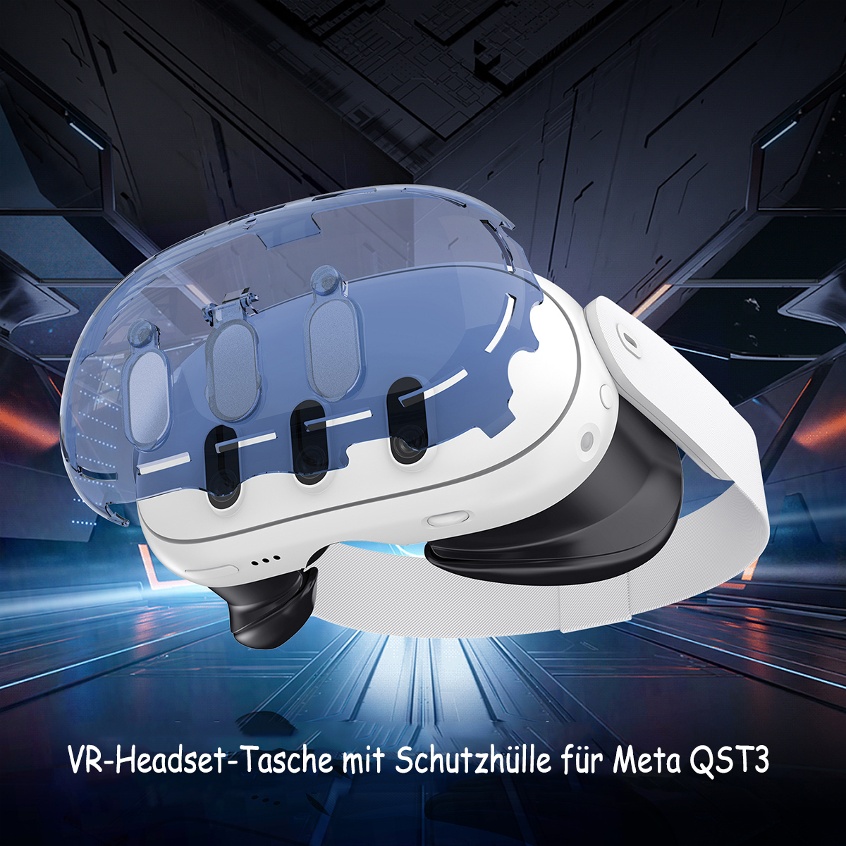 VR-Headset mit blau-weißem Design, betitelt mit VR-Headset-Tasche.
