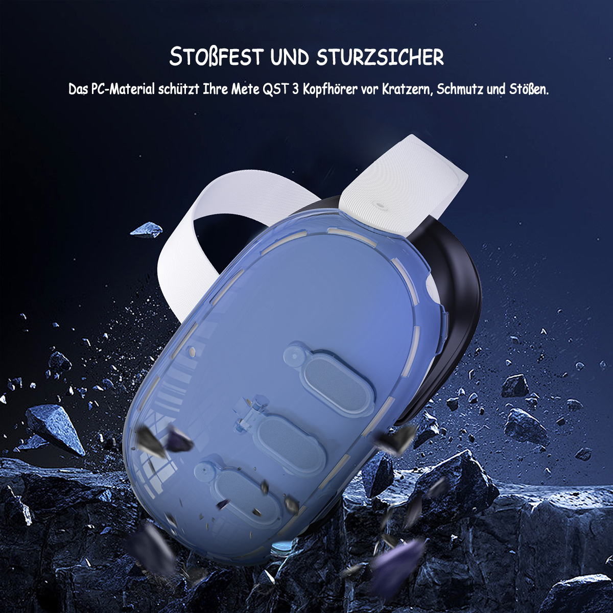 Blaue VR-Headset-Hülle wird von Trümmern getroffen. Text: Stoßfest und sturzsicher, schützt das Headset.