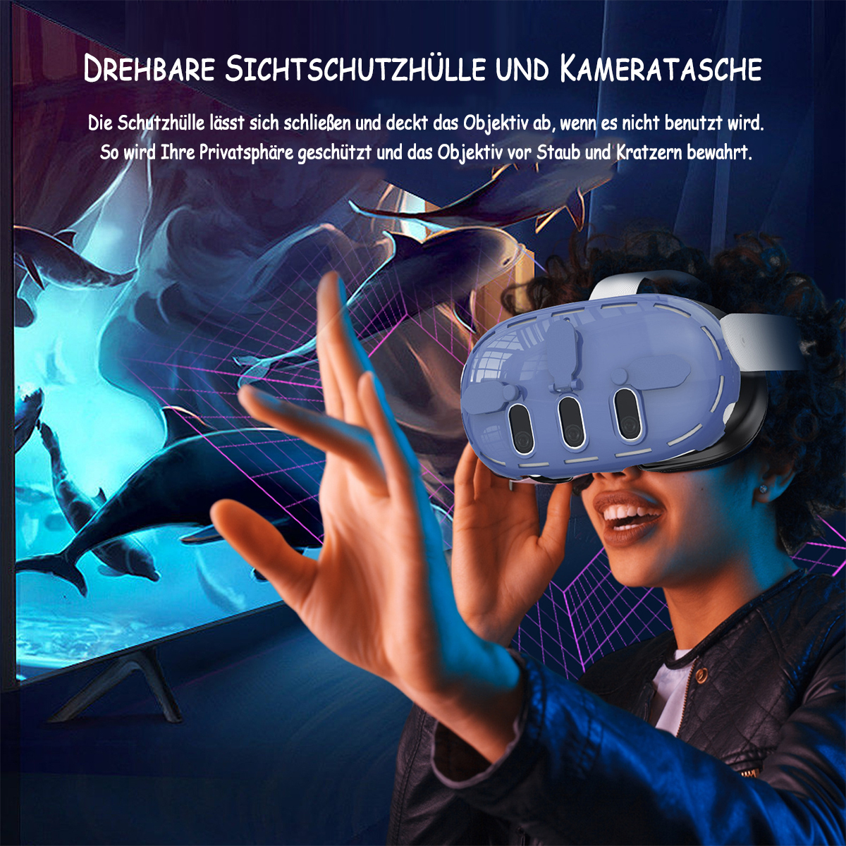 Person trägt VR-Headset, Hand ausgestreckt. Delphine im Hintergrund.