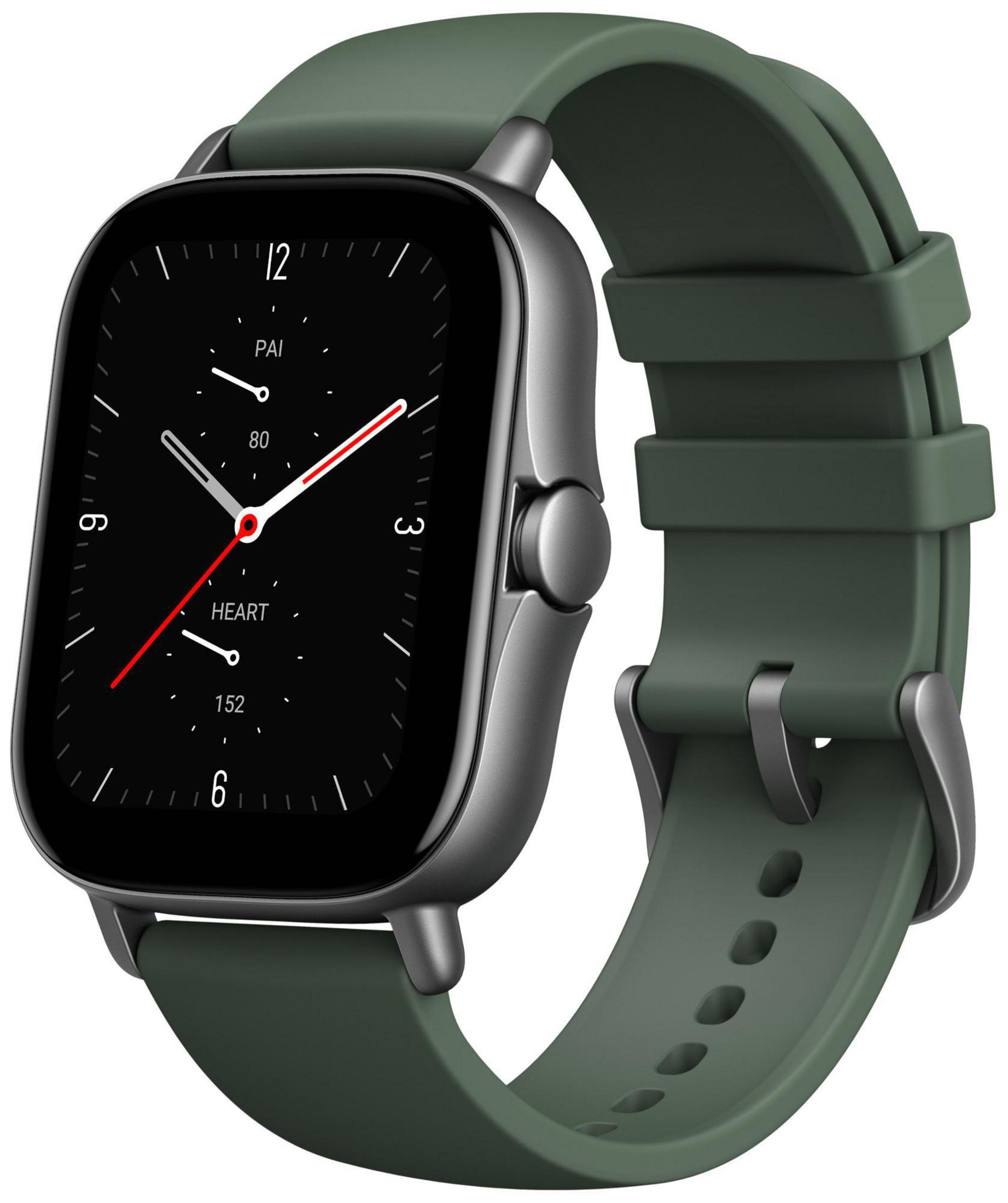 Smartwatch mit dunkelgrünem Armband, schwarzem Bildschirm mit Zeit und Gesundheitsdaten.
