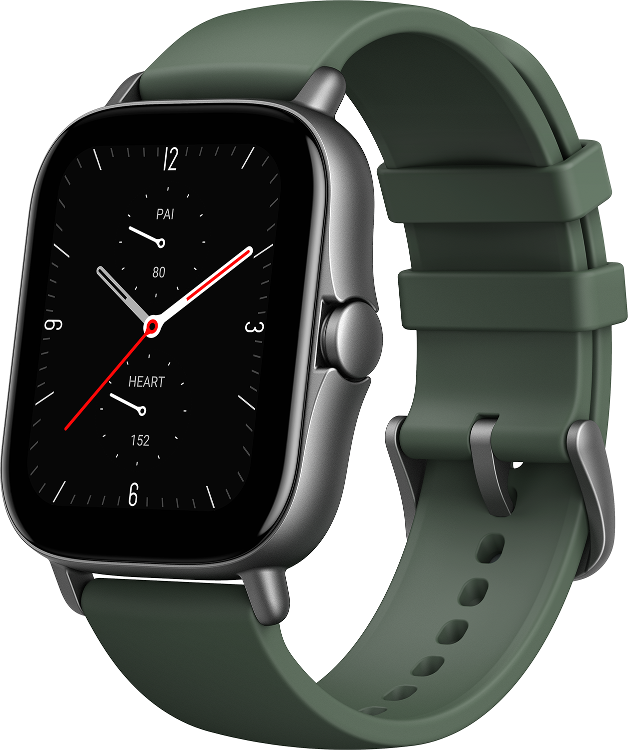 Smartwatch mit grünem Armband, schwarzem Display, das Zeit, Herzfrequenz und Aktivitätsdaten anzeigt.