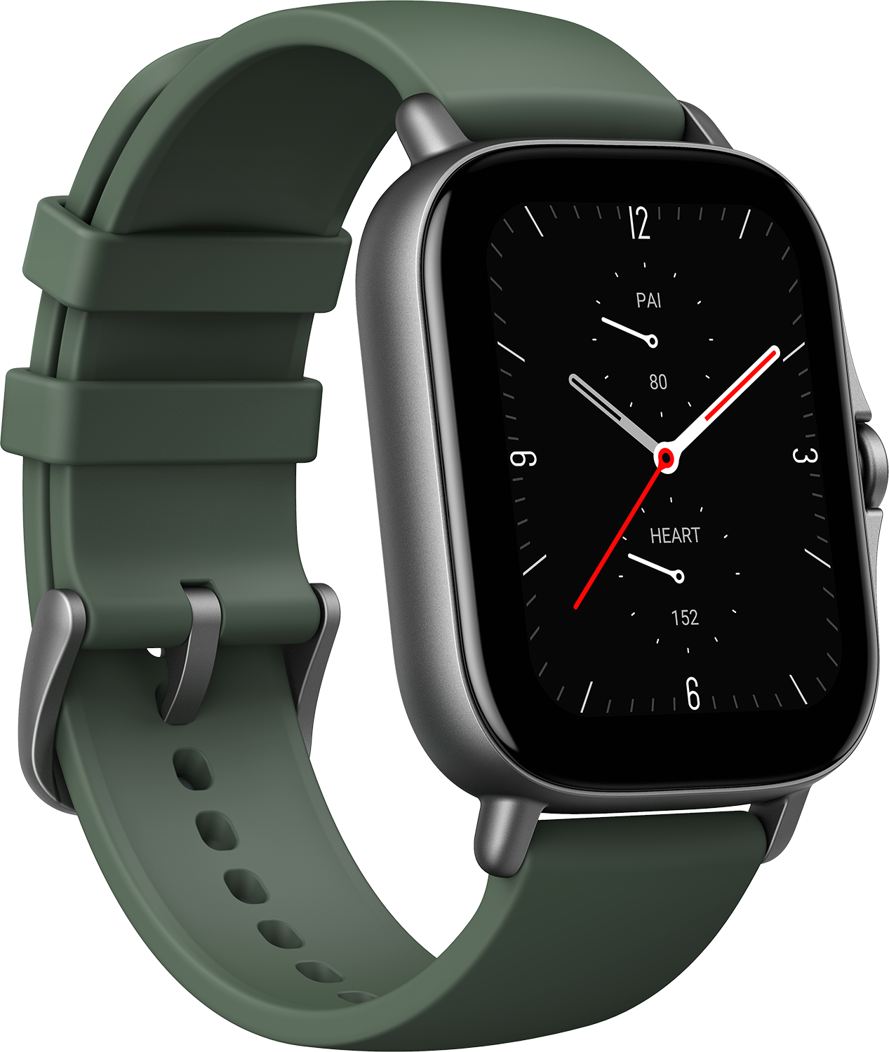 Eine grüne Smartwatch mit schwarzem Display und grünem Armband.